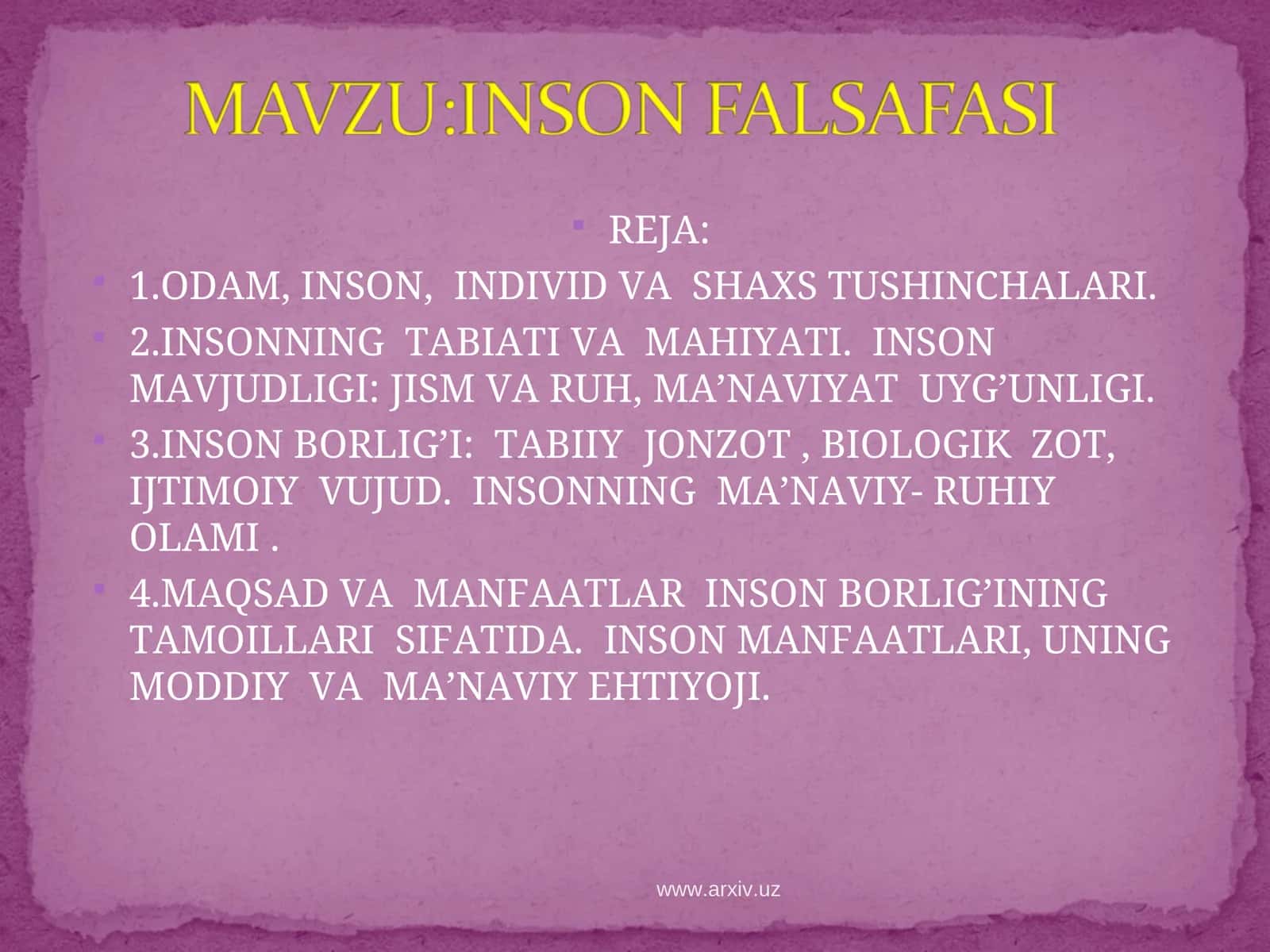 ODAM, INSON, INDIVID VA SHAXS TUSHINCHALARI 1