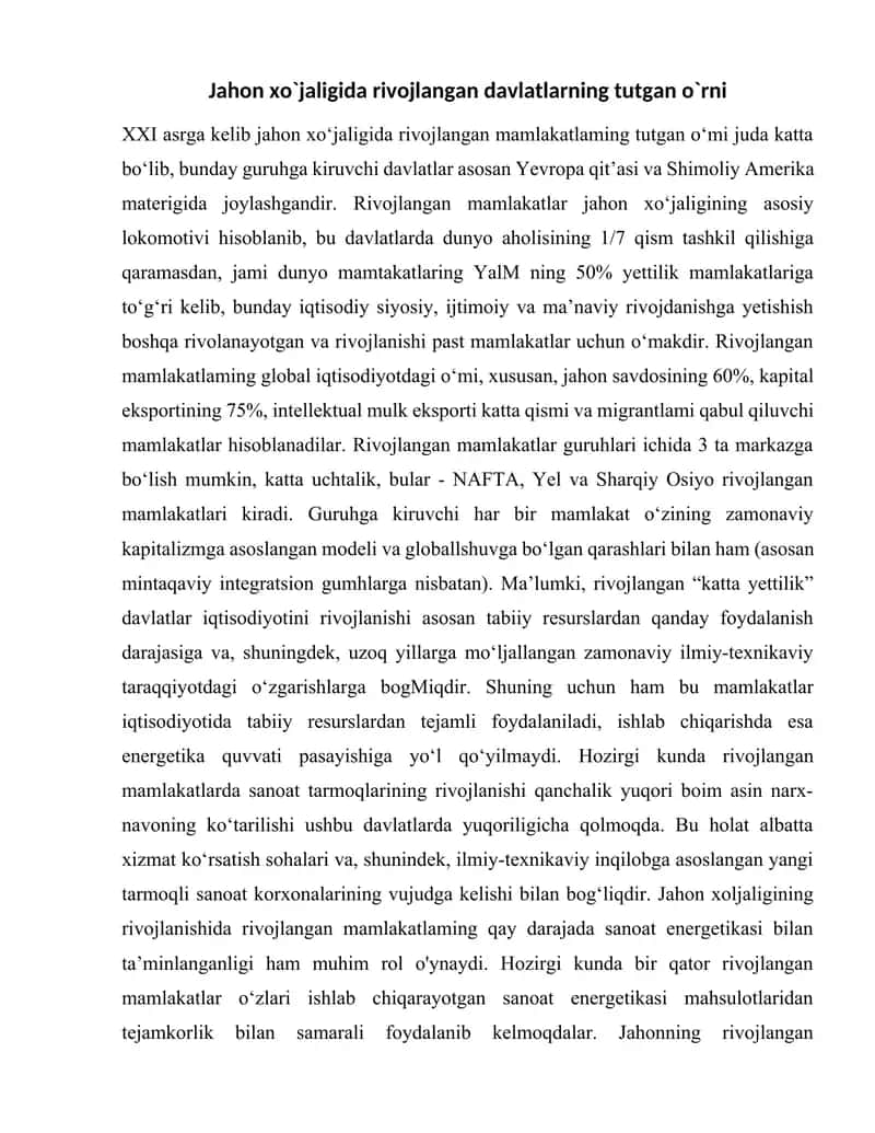 Jahon xo`jaligida rivojlangan davlatlarning tutgan o`rni 1