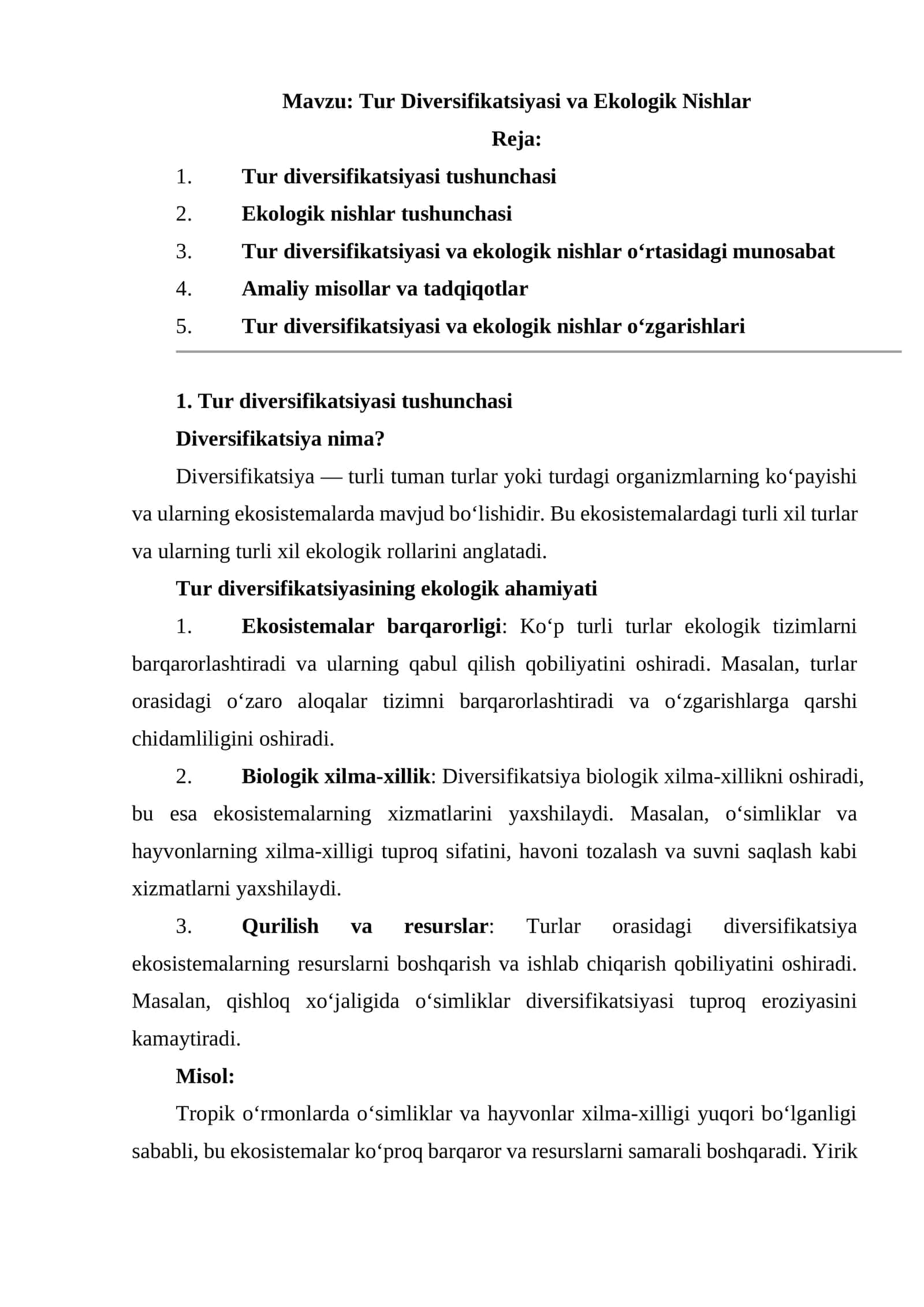 Tur Diversifikatsiyasi va Ekologik Nishlar 1