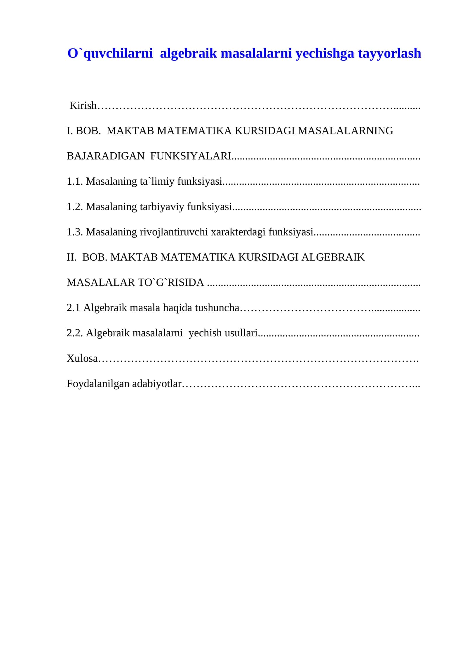 O`quvchilarni algebraik masalalarni yechishga tayyorlash 1