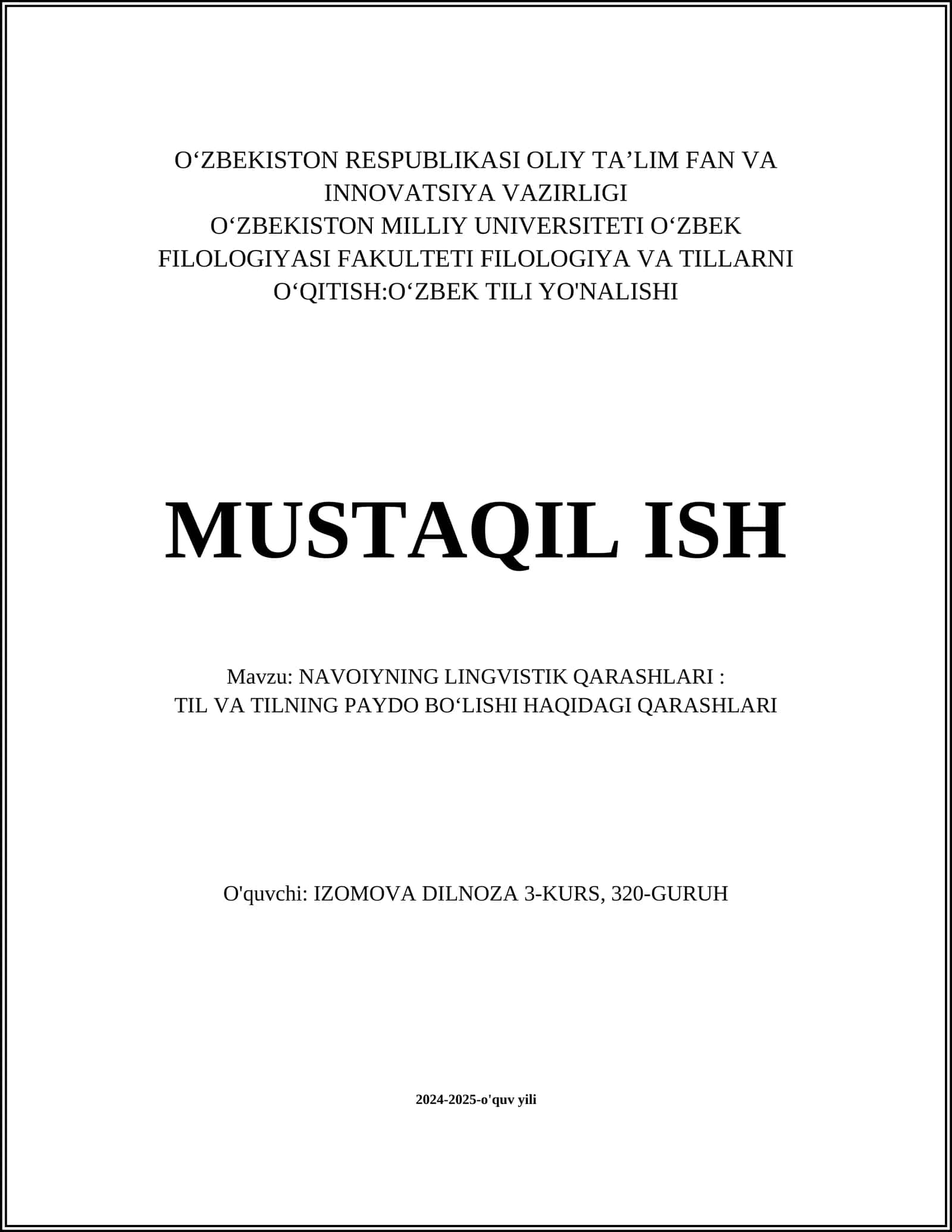 NAVOIYNING LINGVISTIK QARASHLARI: TIL VA TILNING PAYDO BO‘LISHI HAQIDAGI QARASHLARI 1