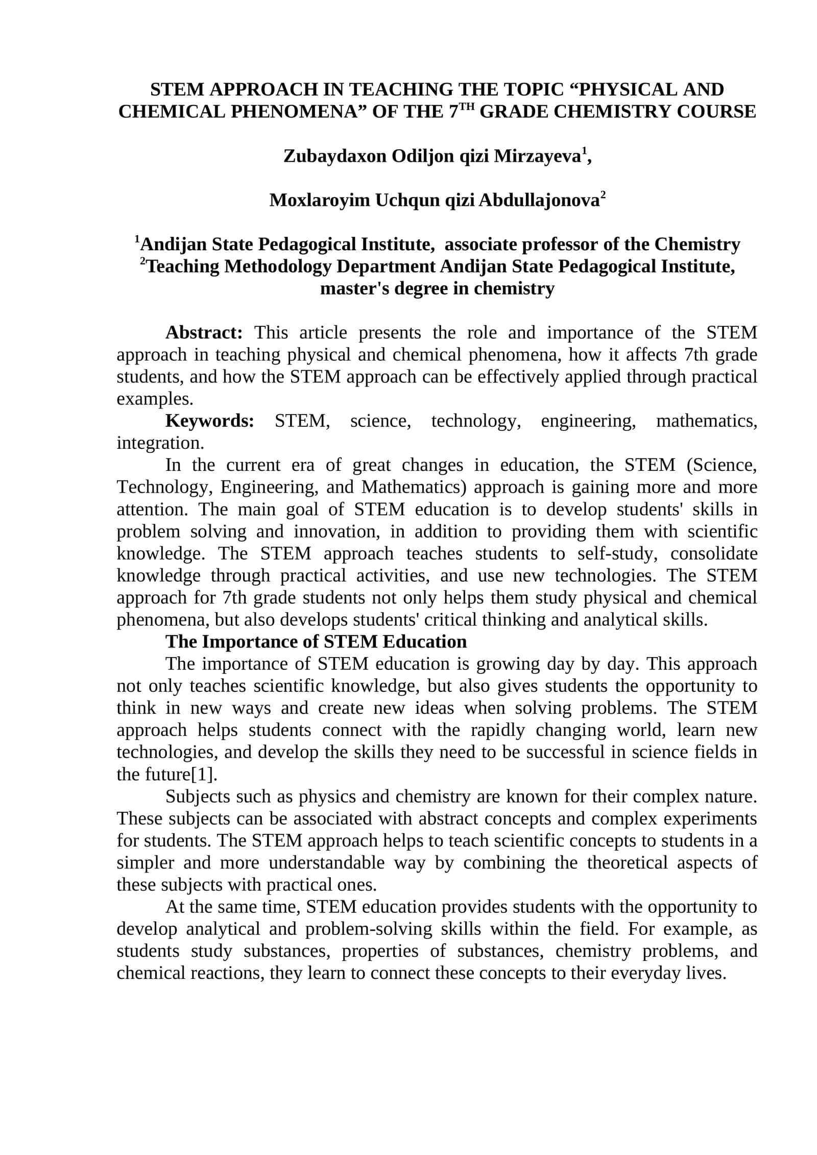 STEM APPROACH IN TEACHING THE TOPIC “PHYSICAL AND CHEMICAL PHENOMENA” OF THE 7TH GRADE CHEMISTRY COURSE 1