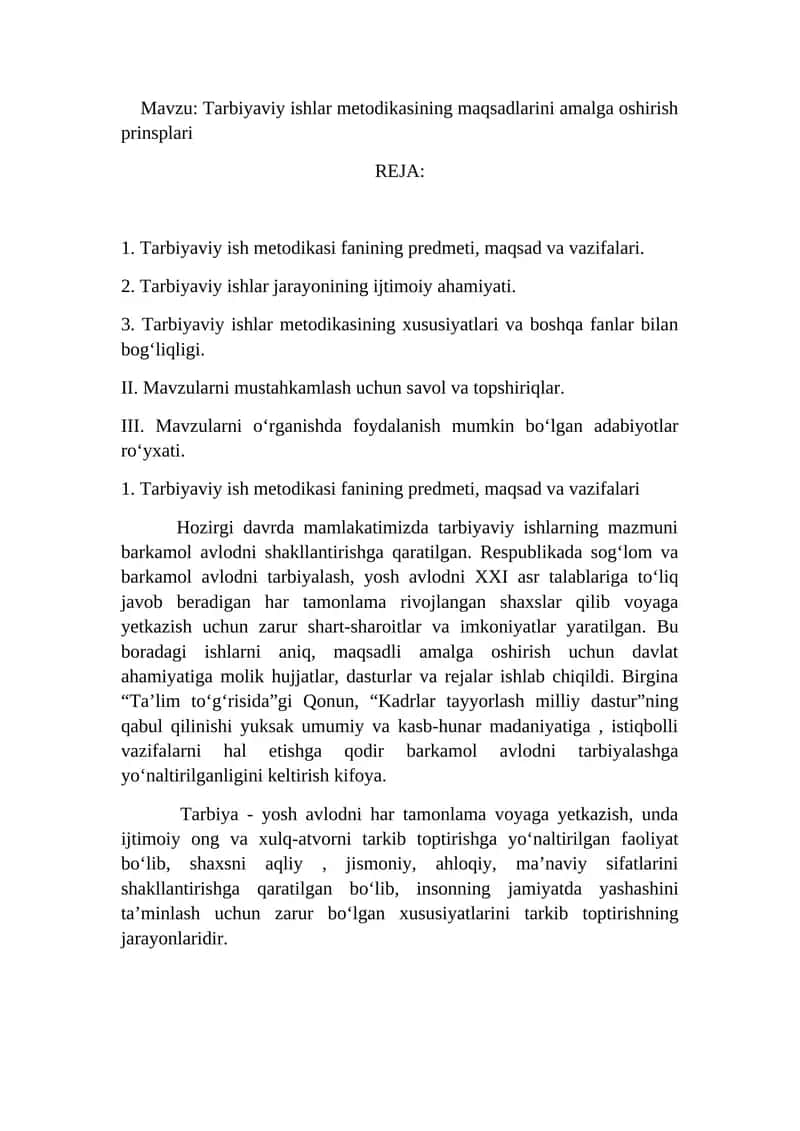 Tarbiyaviy ishlar metodikasining maqsadlarini amalga oshirish prinsplari 1