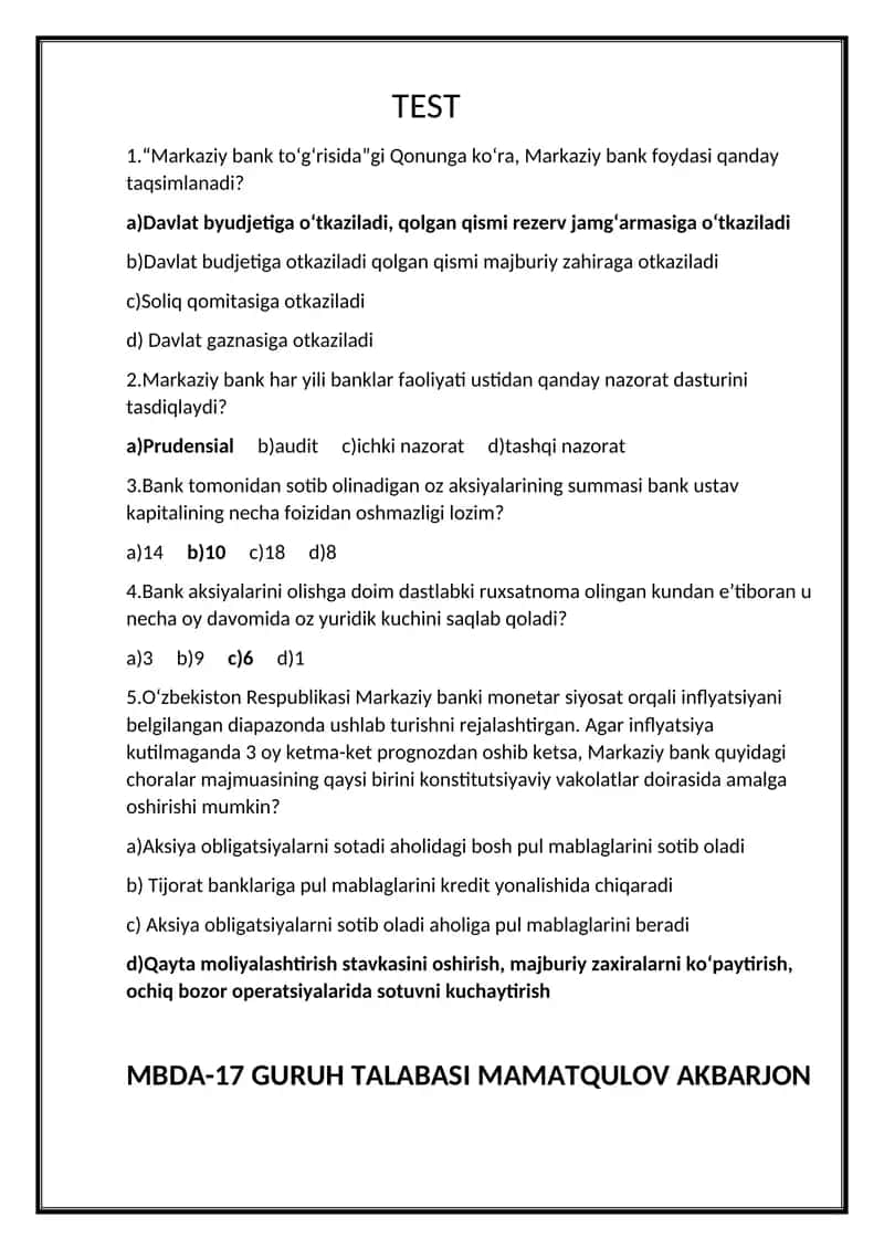 bank ishi testlar 1