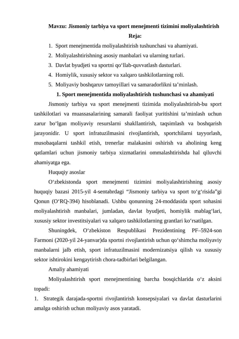 Jismoniy tarbiya va sport menejmenti tizimini moliyalashtirish 1