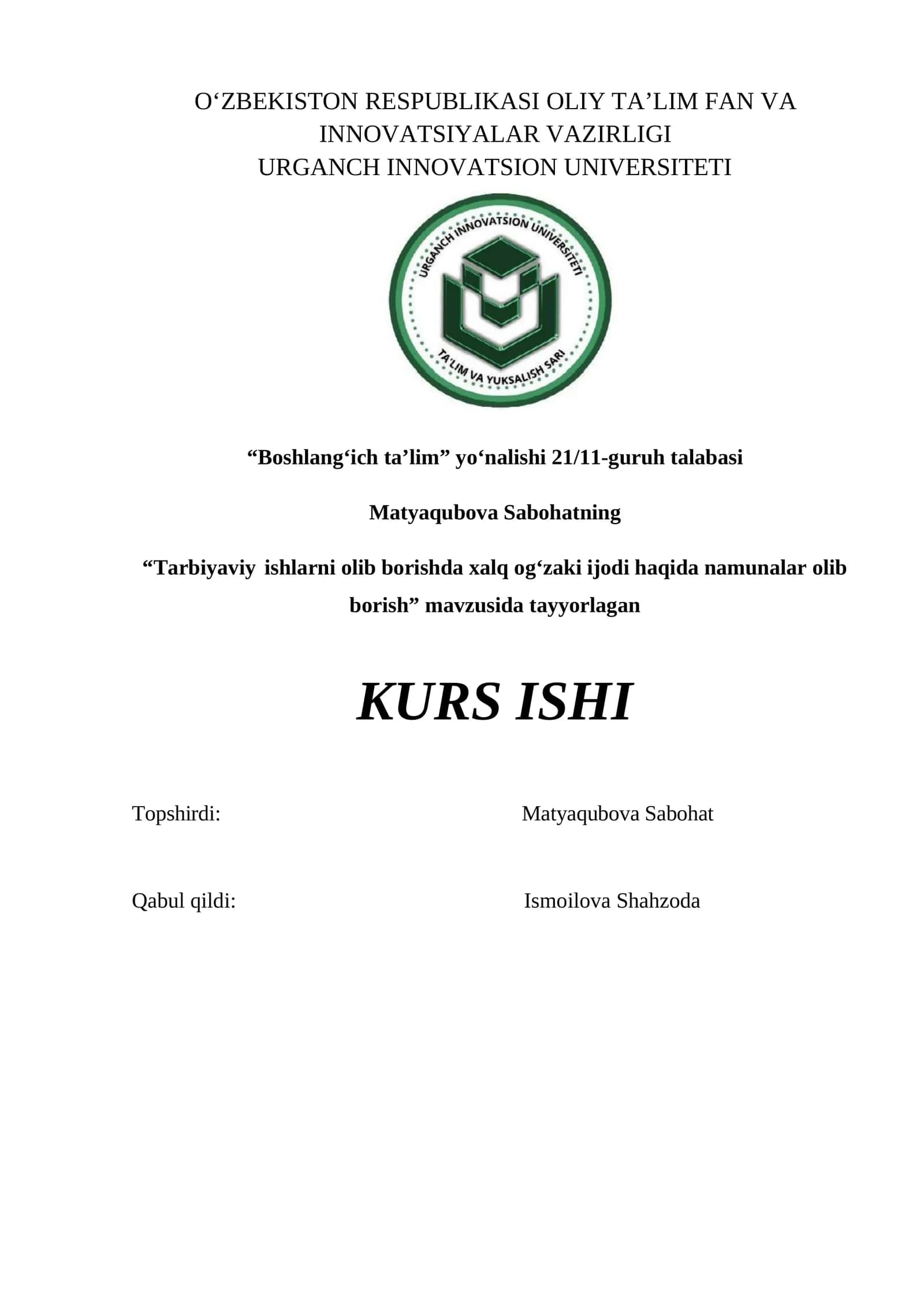 “Tarbiyaviy ishlarni olib borishda xalq ogʻzaki ijodi haqida namunalar olib borish” 1