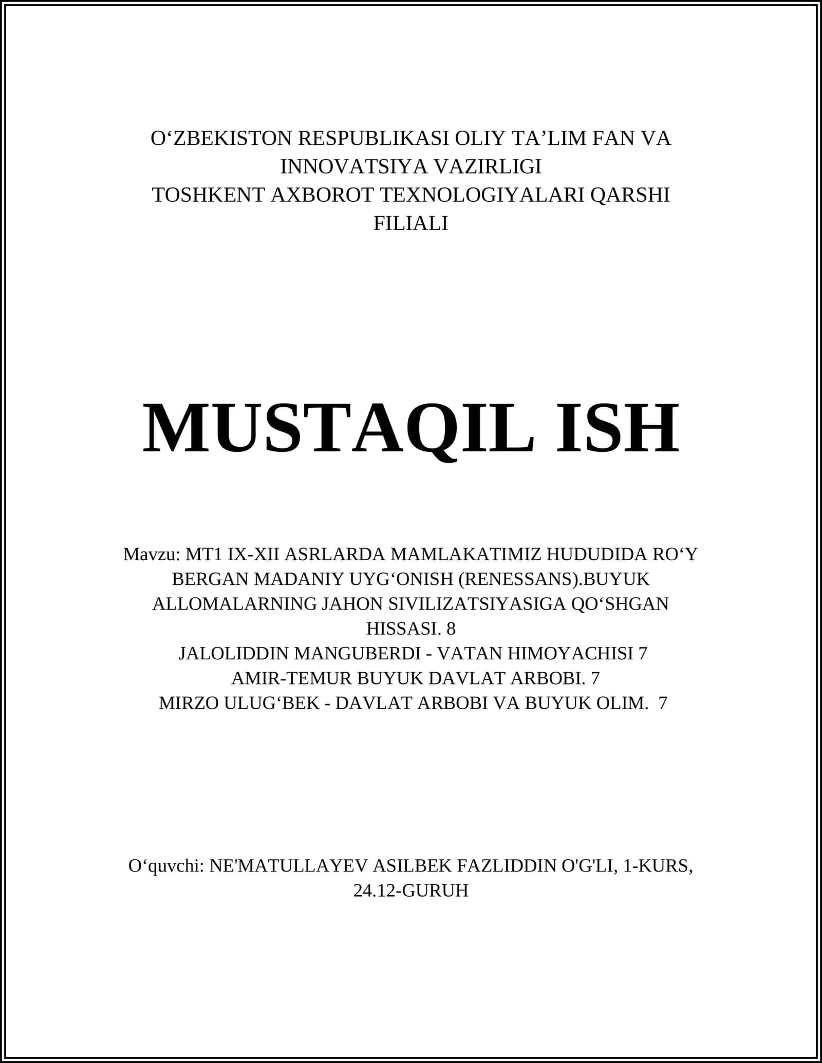 MT1 IX-XII ASRLARDA MAMLAKATIMIZ HUDUDIDA RO\'Y BERGAN MADANIY UYG‘ONISH (RENESSANS) 1