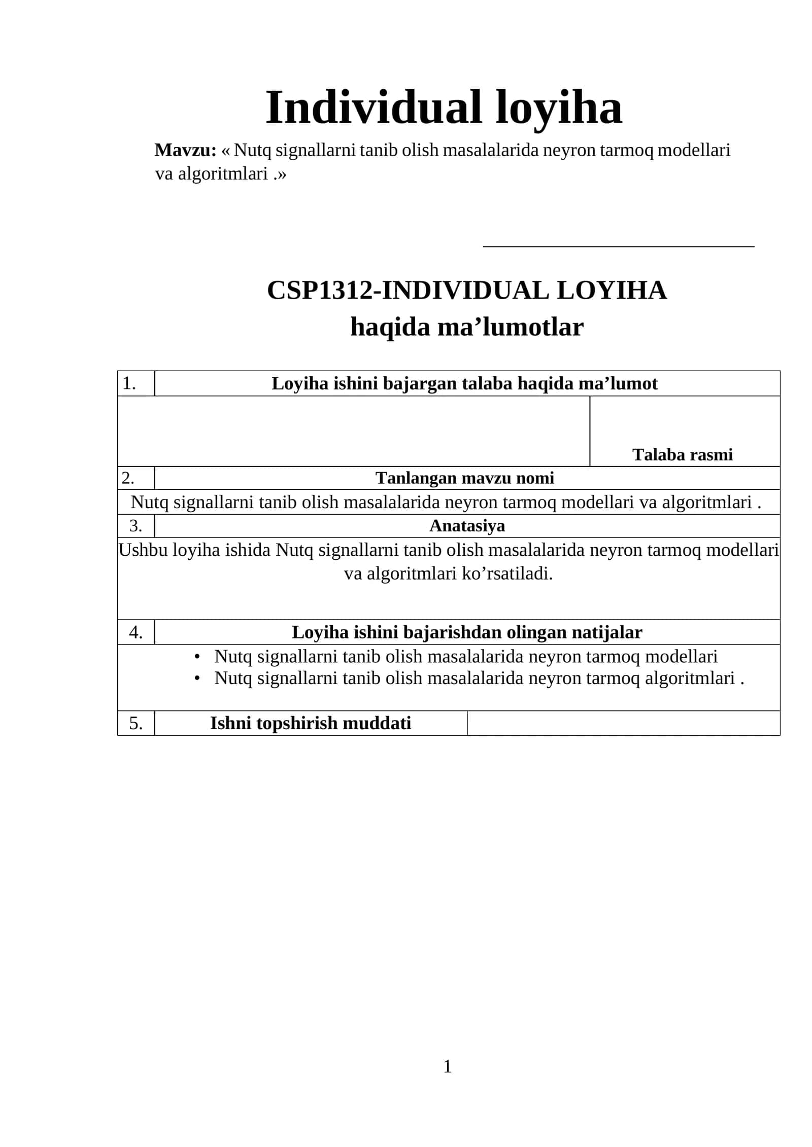 Nutq signallarni tanib olish masalalarida neyron tarmoq modellari va algoritmlari 1