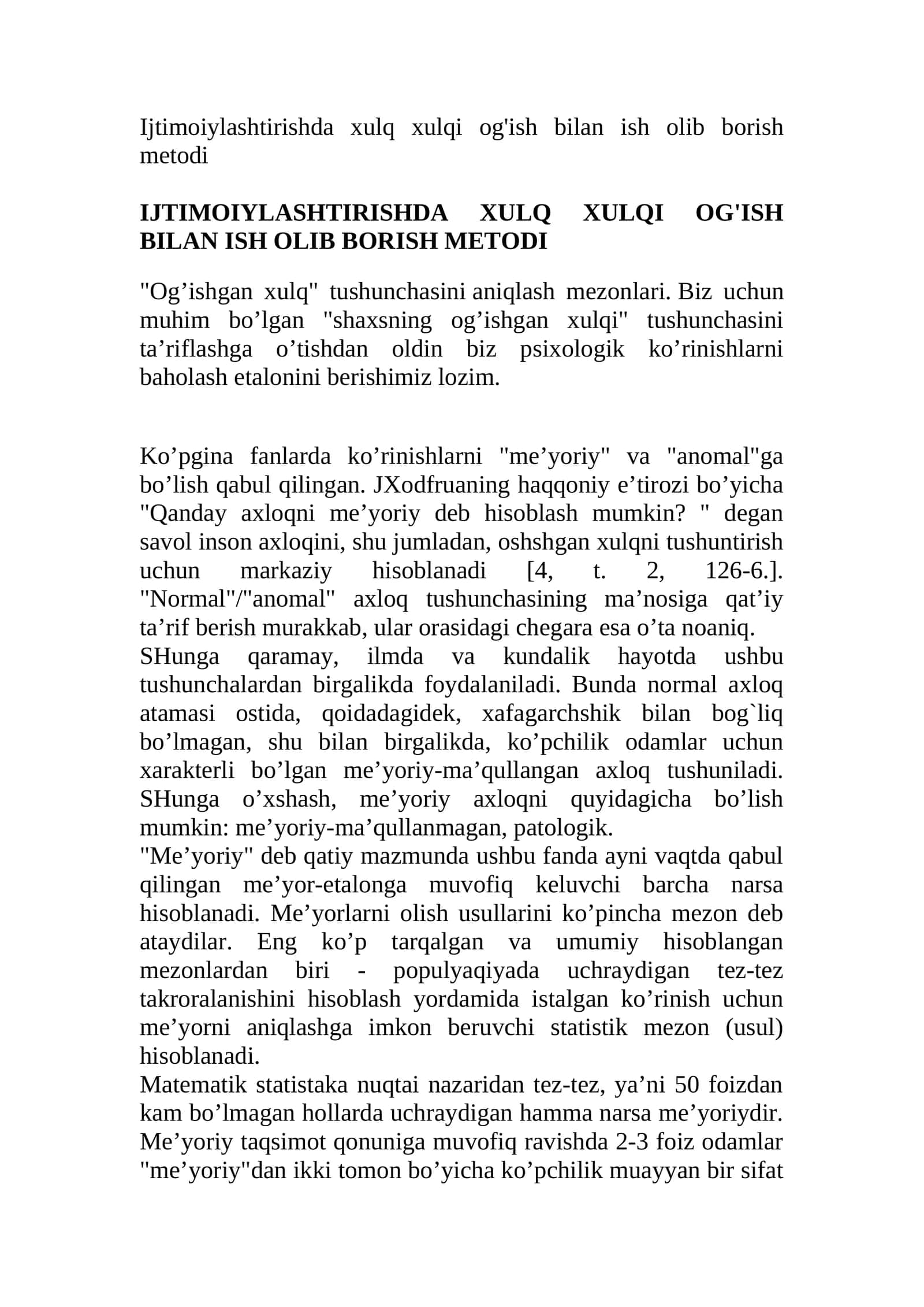 Ijtimoiylashtirishda xulq xulqi og'ish bilan ish olib borish metodi 1