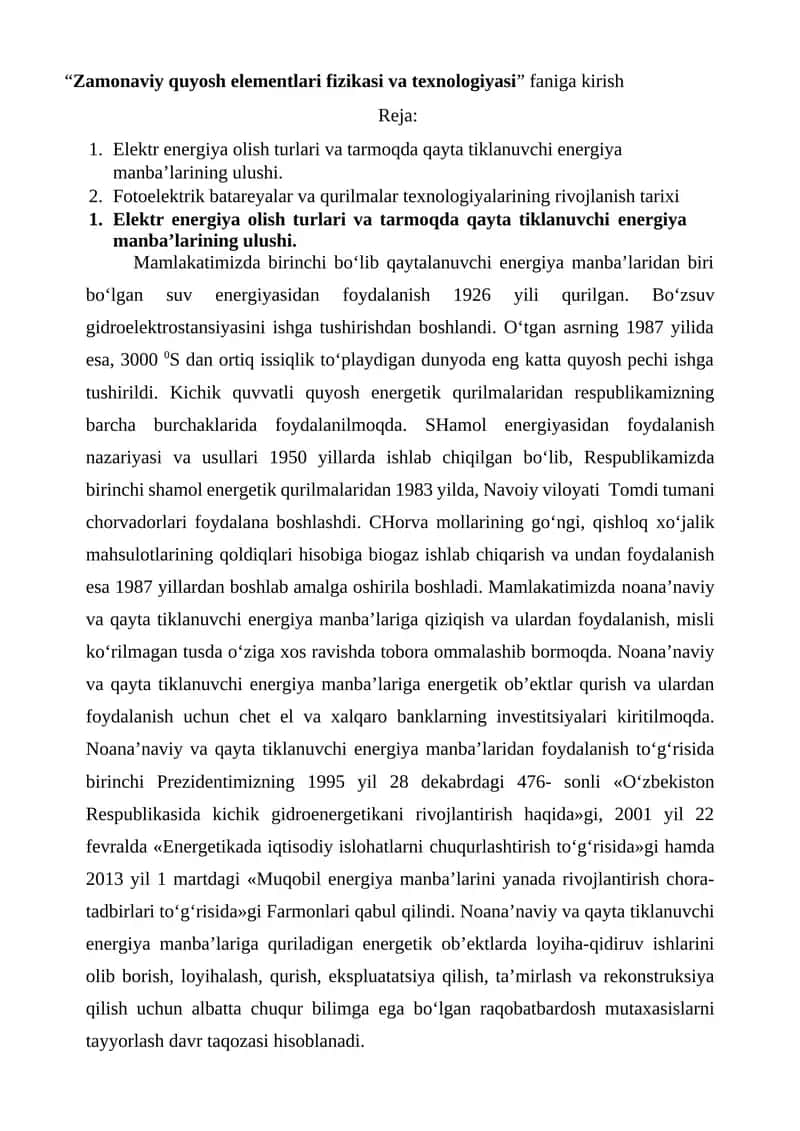 Zamonaviy quyosh elementlari fizikasi va texnologiyasi 1