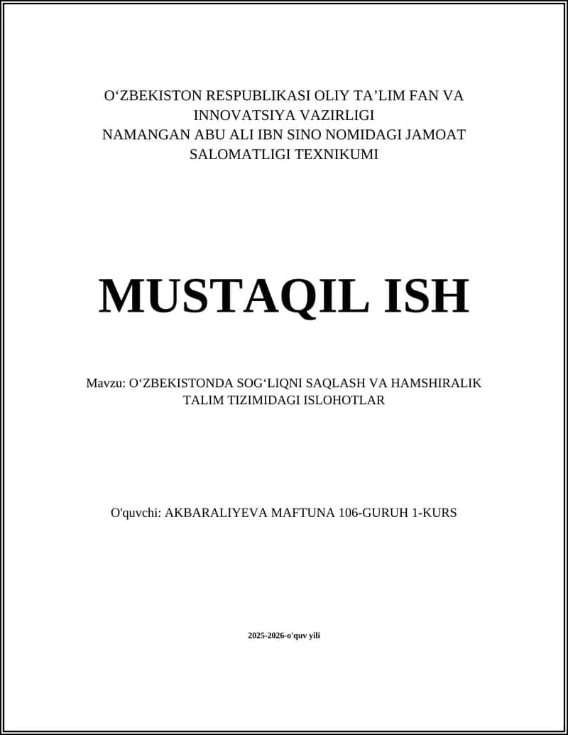 Oʻzbekistonda Sogʻliqni Saqlash va Hamshiralik Talimidagi Islohotlarning Tarixiy Rivoji 1