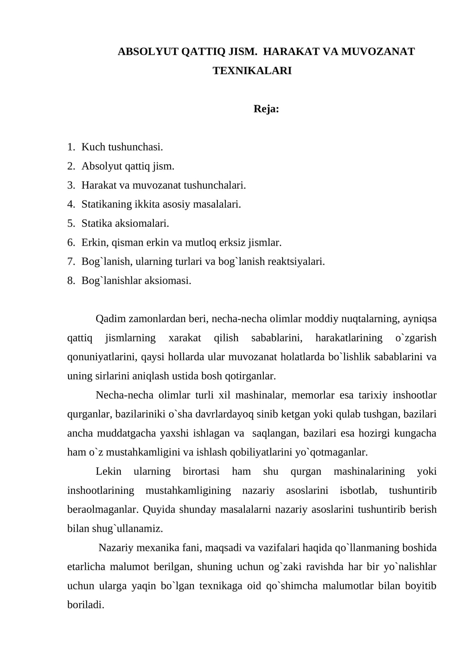 ABSOLYUT QATTIQ JISM. HARAKAT VA MUVOZANAT TEXNIKALARI 1