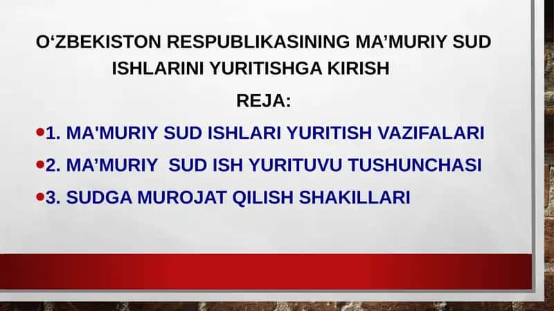 O‘ZBEKISTON RESPUBLIKASINING MA’MURIY SUD ISHLARINI YURITISHGA KIRISH 1