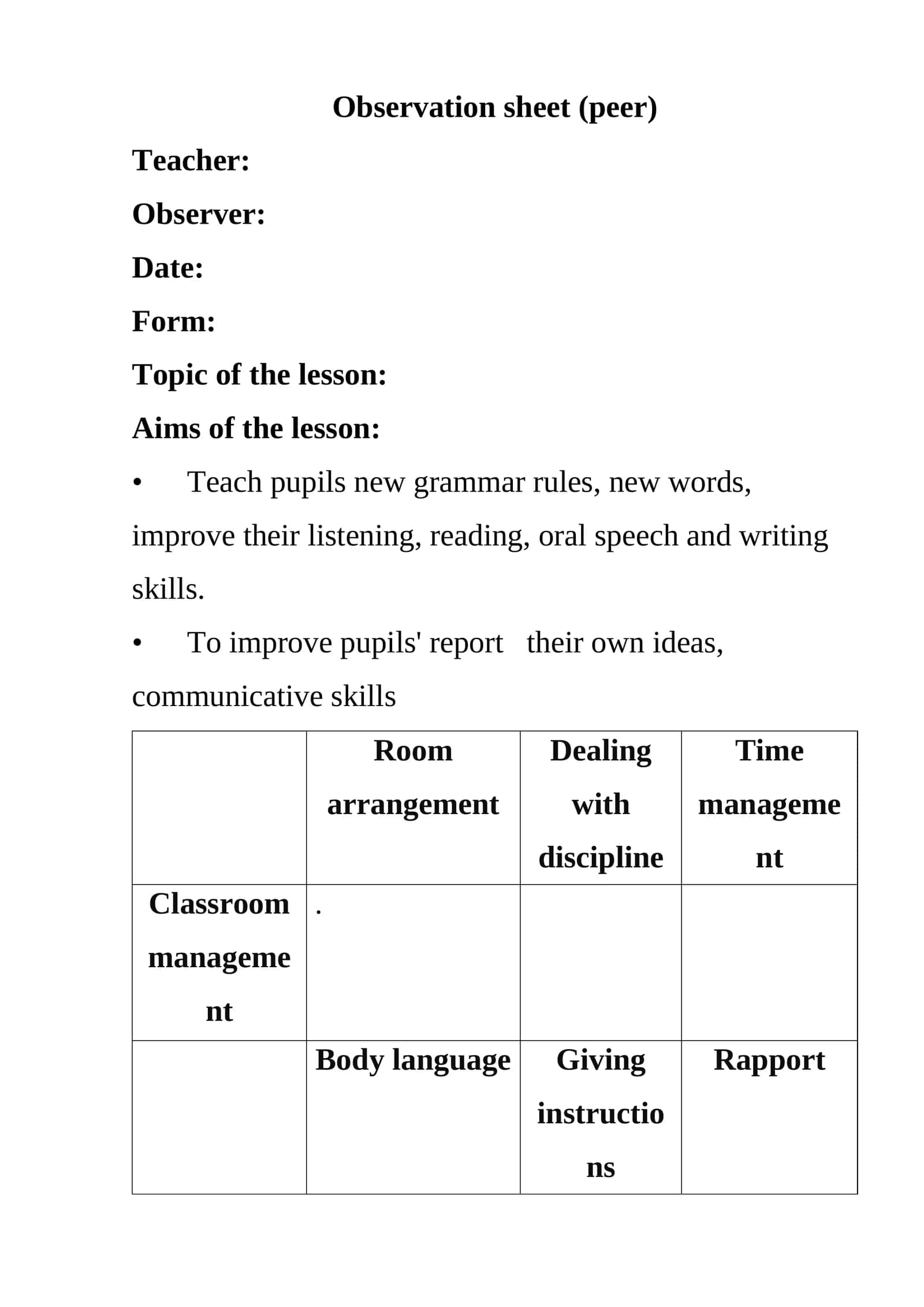 Observation sheet (peer) 1