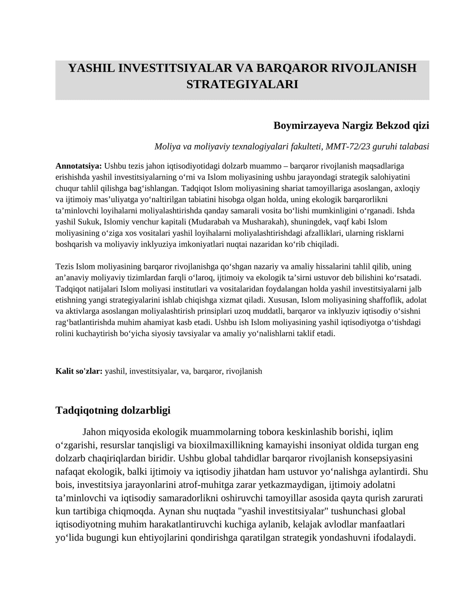 Yashil investitsiyalar va barqaror rivojlanish strategiyalari 1