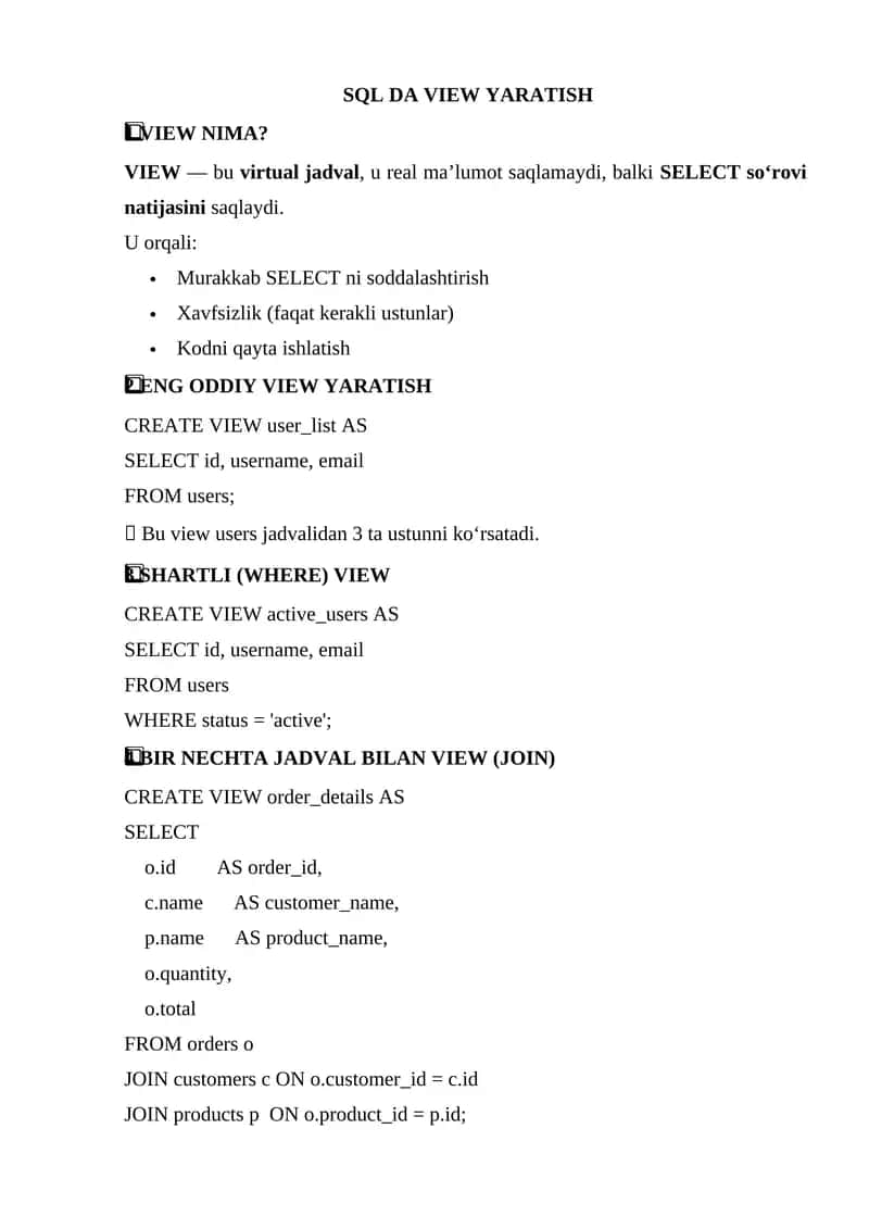 SQL DA VIEW YARATISH