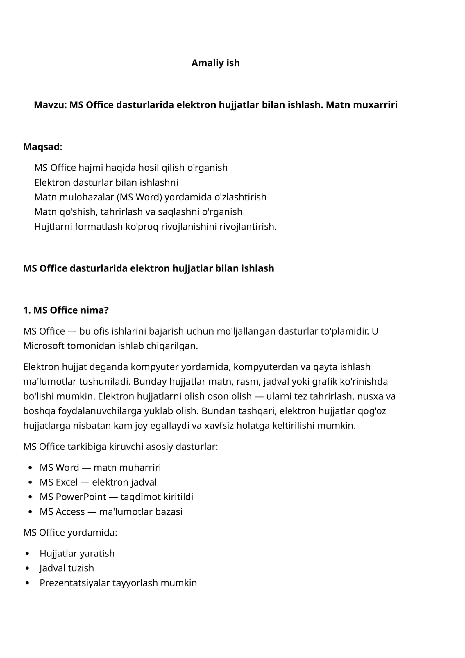MS Office dasturlarida elektron hujjatlar bilan ishlash. Matn muxarriri 1