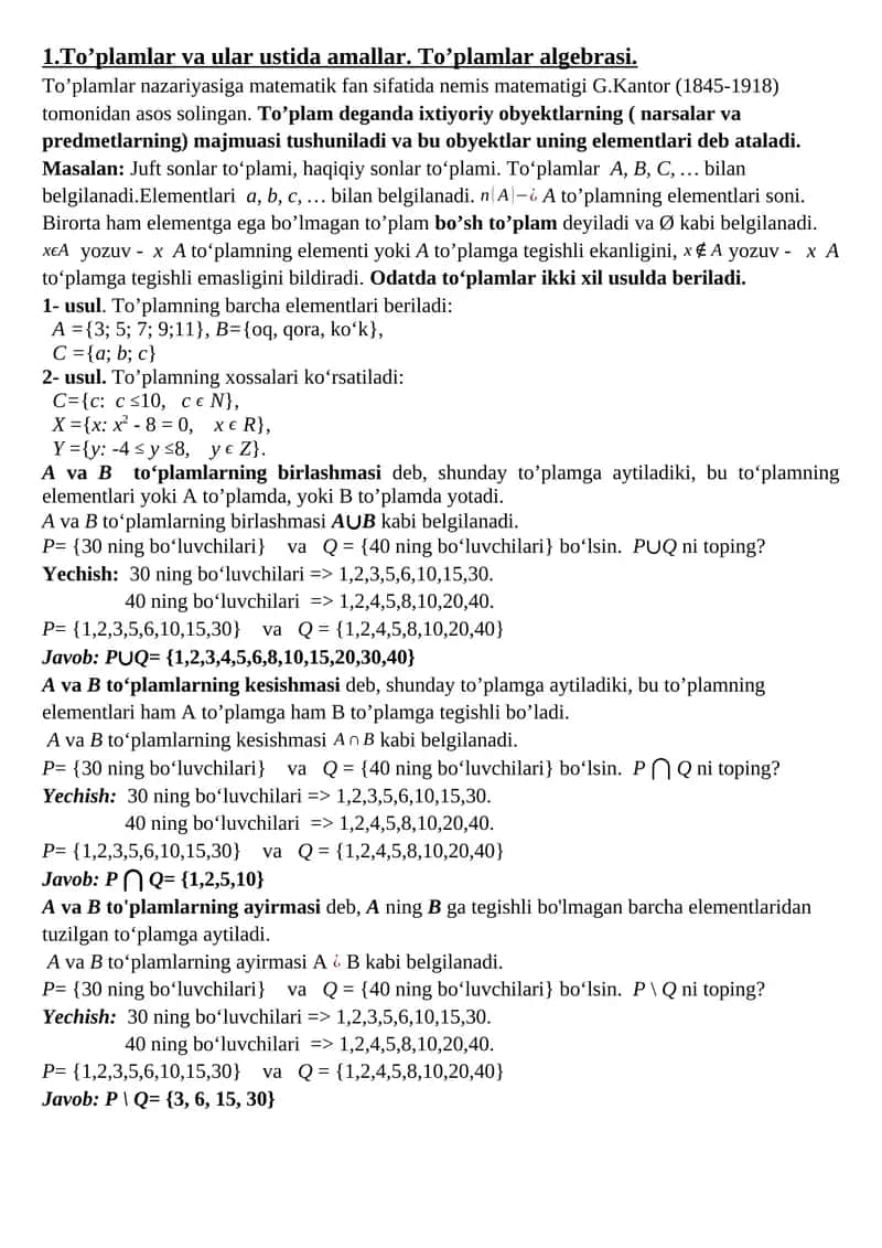 To’plamlar va ular ustida amallar. To’plamlar algebrasi. 1