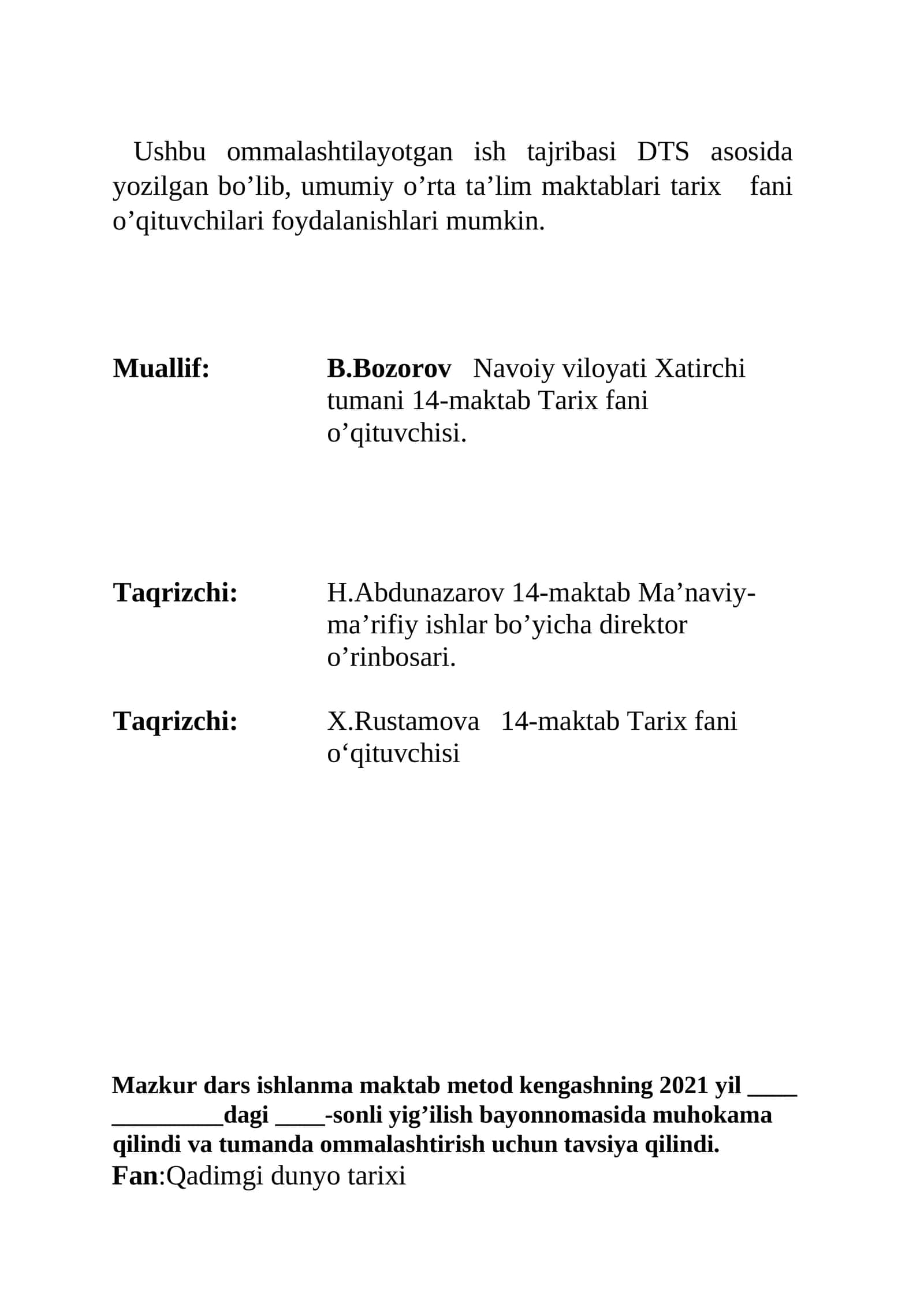6-sinf Tarix fanidan ochiq dars. Qadimgi Xorazm, Qang' va Davon davlatlari 1