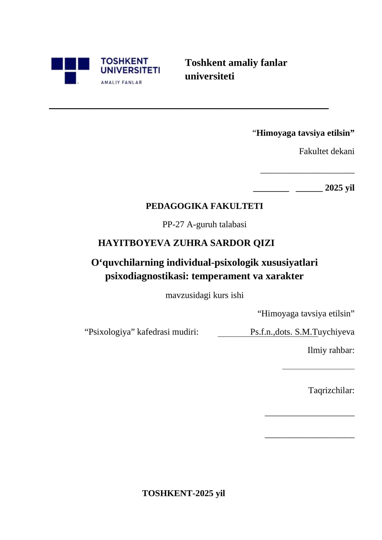 O‘quvchilarning individual-psixologik xususiyatlari psixodiagnostikasi: temperament va xarakter 1