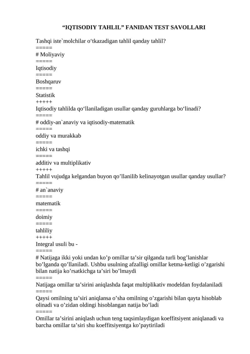 IQTISODIY TAHLIL FANIDAN yakuniy TEST SAVOLLARI javoblari bilan 1