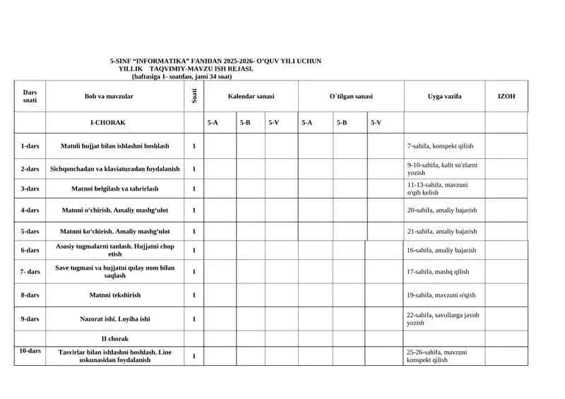 5-SINF “INFORMATIKA” FANIDAN 2025-2026- O’QUV YILI UCHUN YILLIK TAQVIMIY- MAVZU ISH REJASI 1