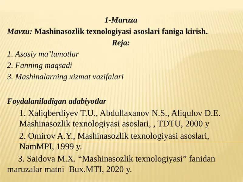 Mashinasozlik texnologiyasi asoslari faniga kirish 1