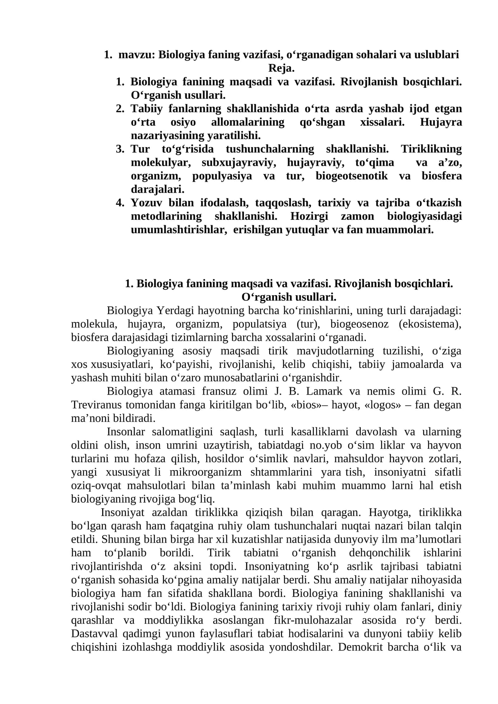 Biologiya faning vazifasi, o‘rganadigan sohalari va uslublari 1