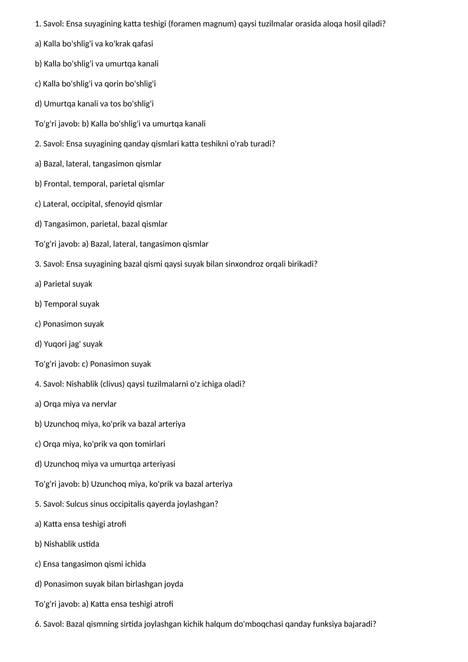 Ensa suyagi anatomiyasi test savollari 1