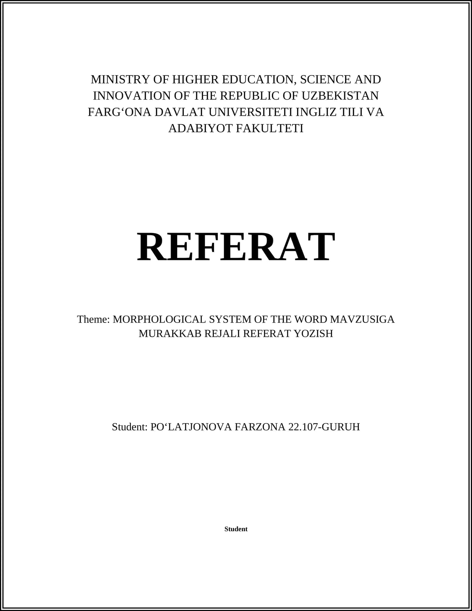 MORPHOLOGICAL SYSTEM OF THE WORD MAVZUSIGA MURAKKAB REJALI REFERAT YOZISH 1