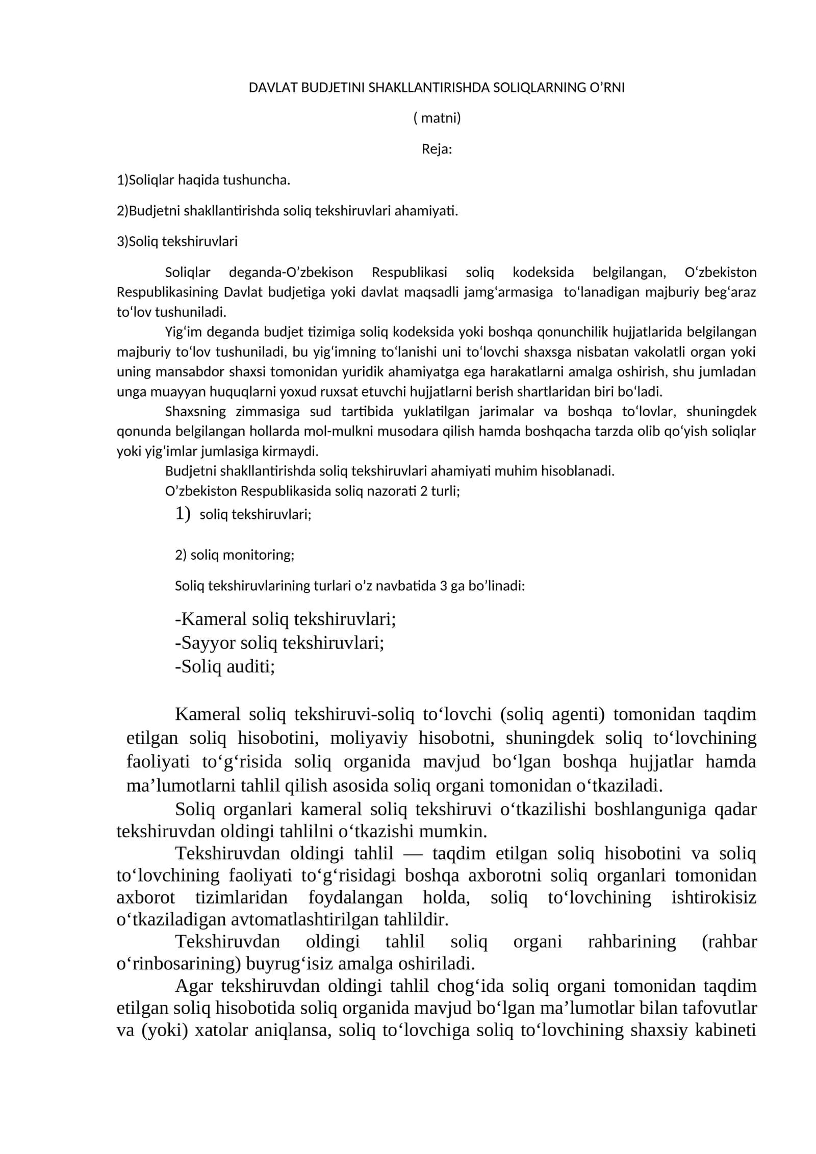 DAVLAT BUDJETINI SHAKLLANTIRISHDA SOLIQLARNING O’RNI 1