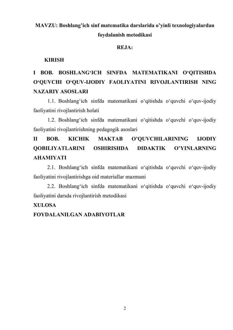 Boshlang’ich sinf matematika darslarida o’yinli texnologiyalardan foydalanish metodikasi 1