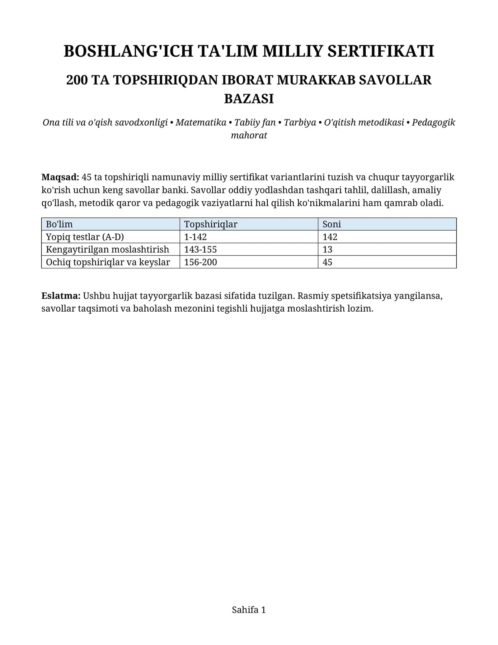 Mavzu: BOSHLANG'ICH TA'LIM MILLIY SERTIFIKATI 1