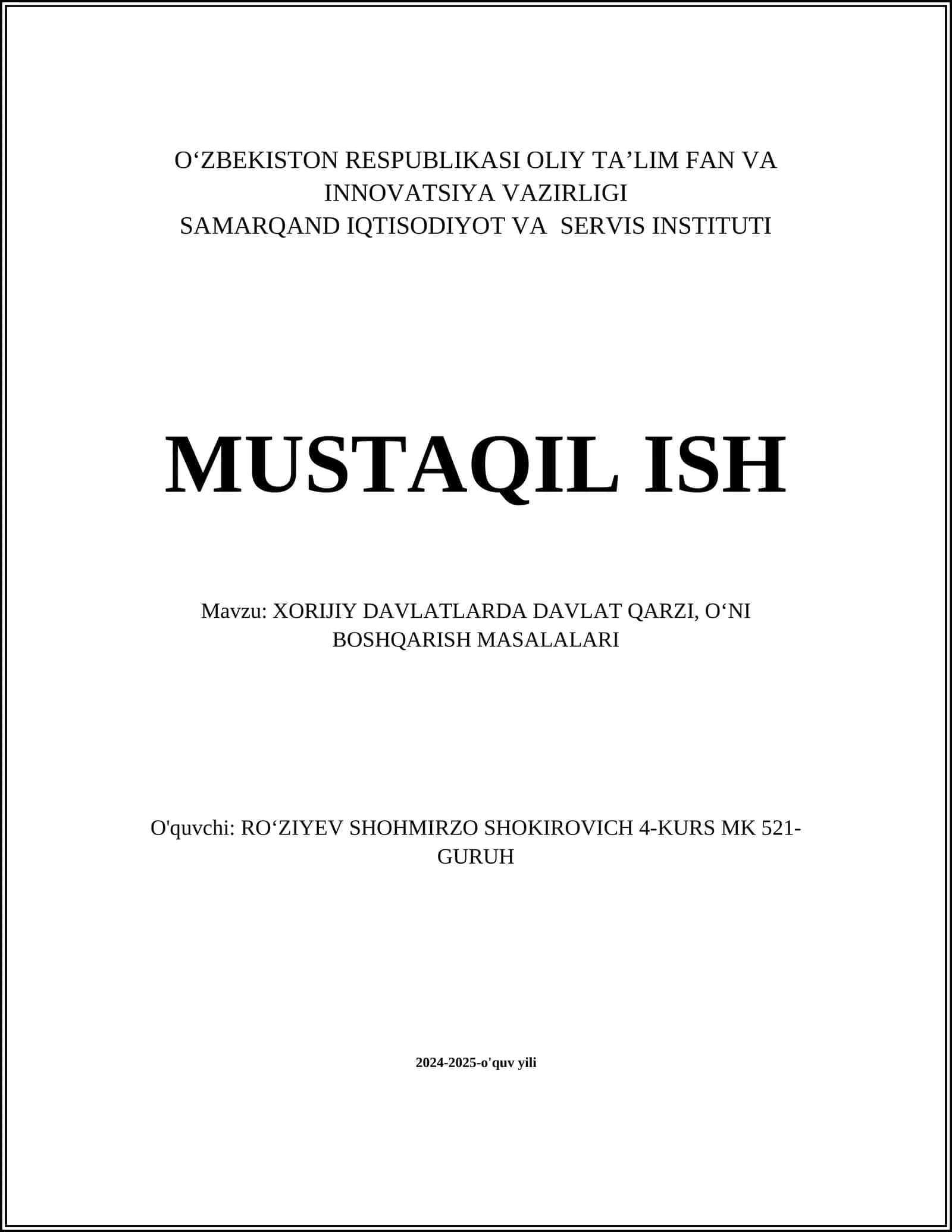 XORIJIY DAVLATLARDA DAVLAT QARZI, OʻNI BOSHQARISH MASALALARI 1