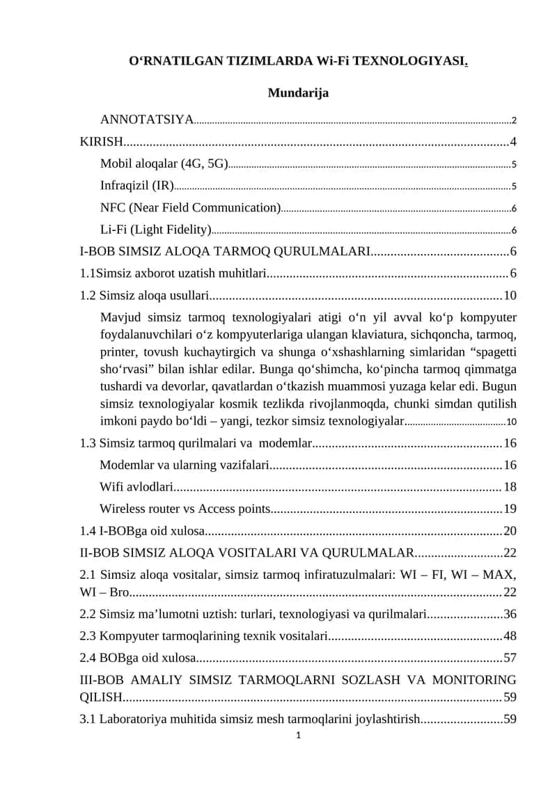 O‘RNATILGAN TIZIMLARDA Wi-Fi TEXNOLOGIYASI 1