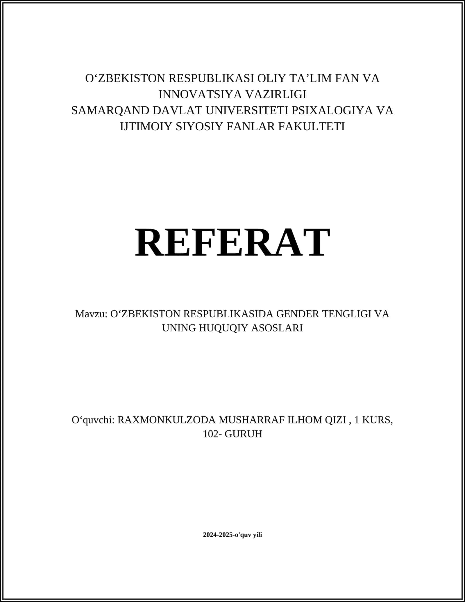 OʻZBEKISTON RESPUBLIKASIDA GENDER TENGLIGI VA UNING HUQUQIY ASOSLARI 1