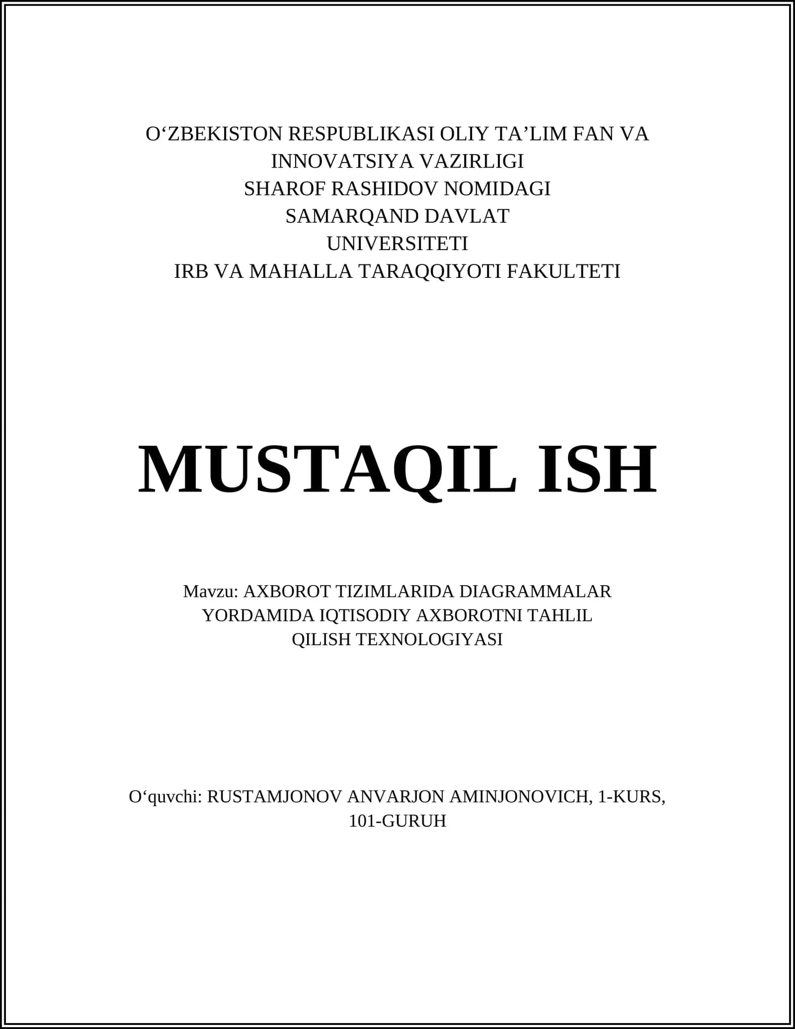AXBOROT TIZIMLARIDA DIAGRAMMALAR YORDAMIDA IQTISODIY AXBOROTNI TAHLIL QILISH TEXNOLOGIYASI 1