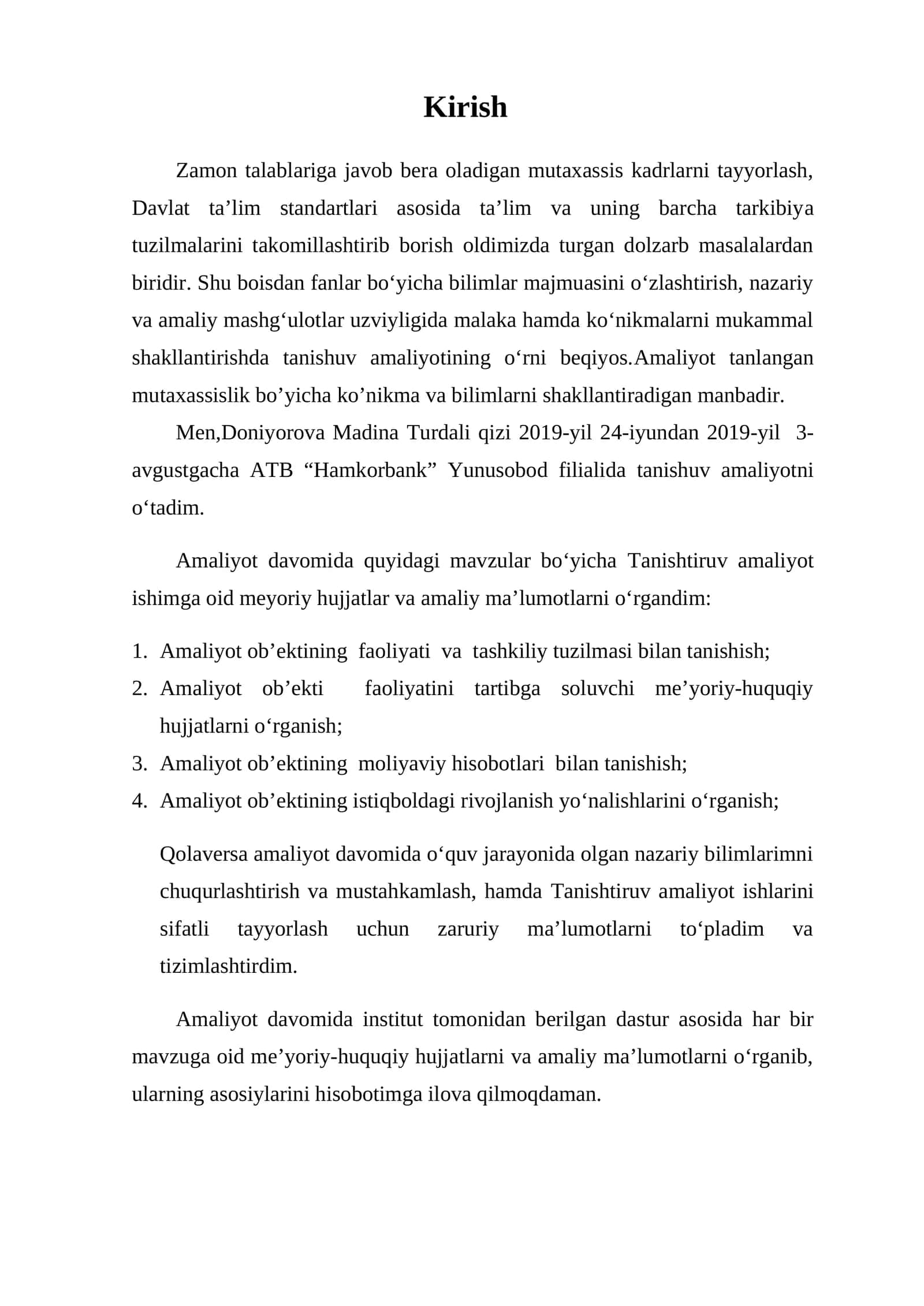 Bank ishi bo'yicha tanishtiruv amaliyot hisoboti 1
