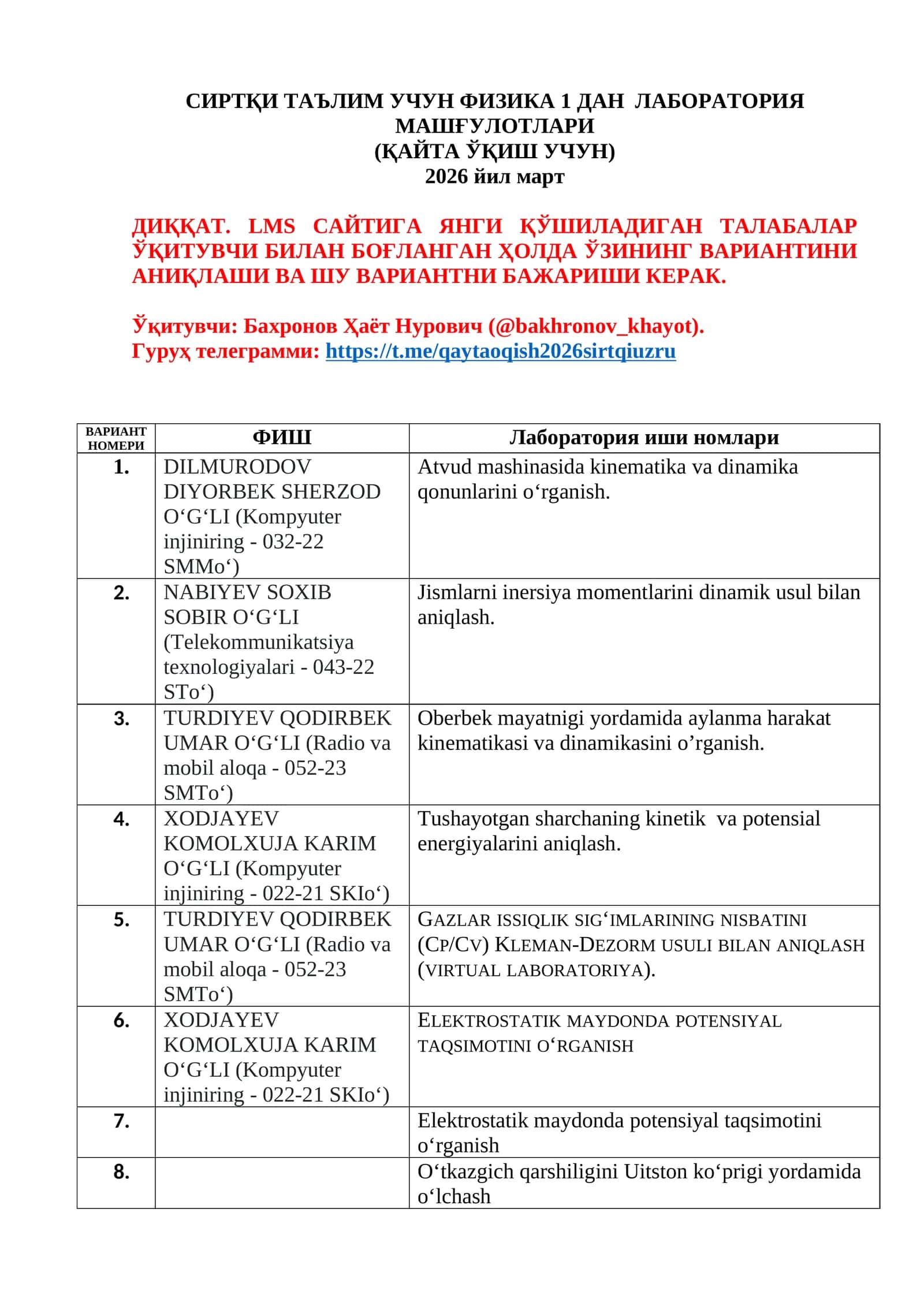 СИРТҚИ ТАЪЛИМ УЧУН ФИЗИКА 1 ДАН ЛАБОРАТОРИЯ МАШҒУЛОТЛАРИ 1