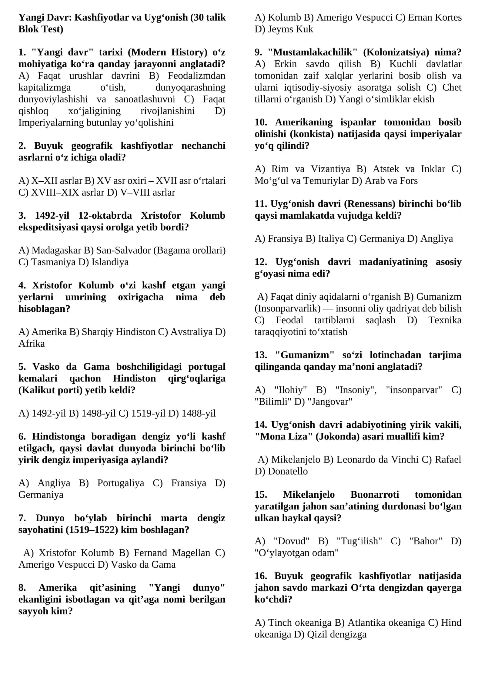 Yangi Davr: Kashfiyotlar va Uyg‘onish (30 talik Blok Test) 1