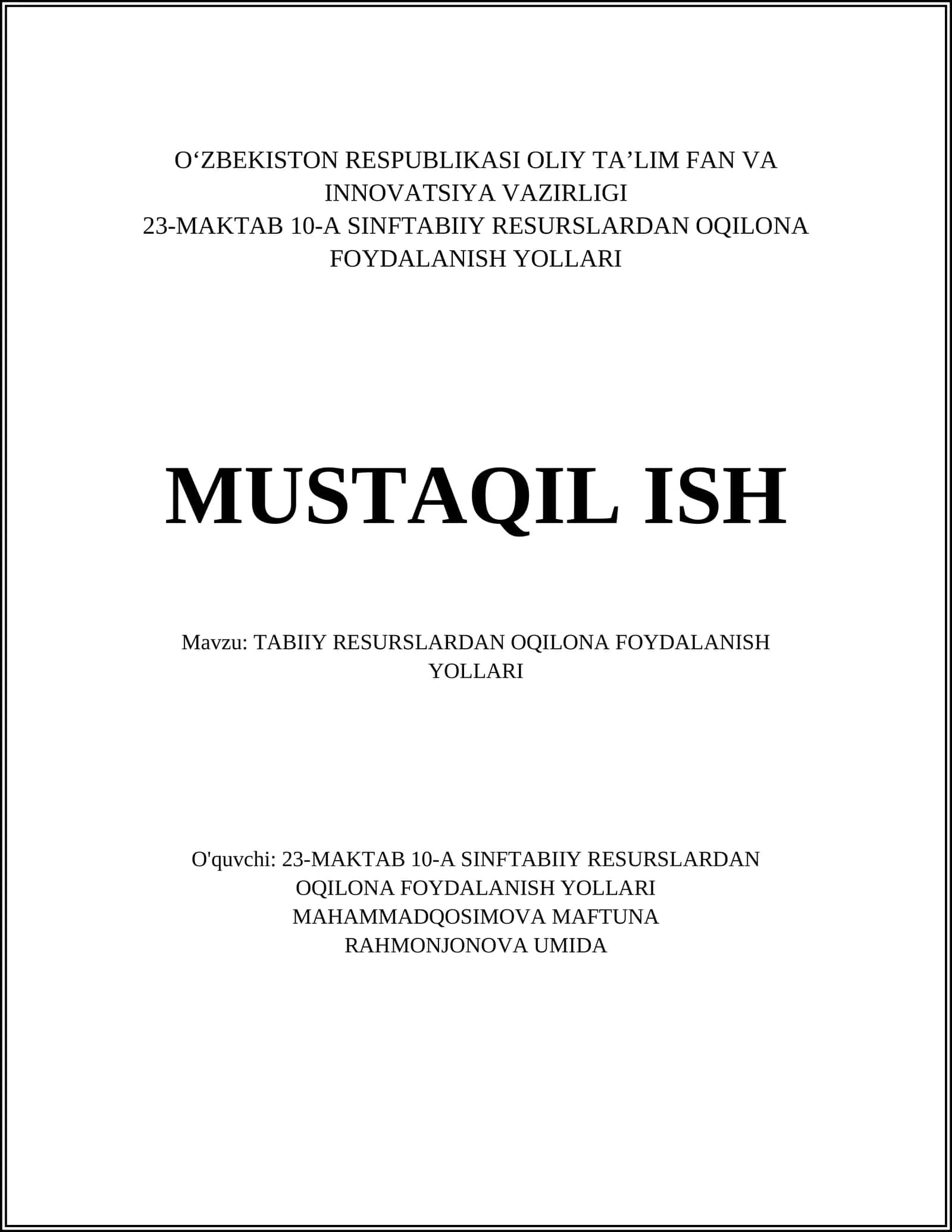 TABIIY RESURSLARDAN OQILONA FOYDALANISH YOLLARI 1