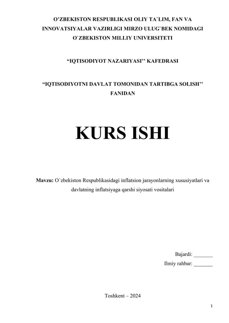 Mavzu: O`zbekiston Respublikasidagi inflatsion jarayonlarning xususiyatlari va davlatning inflatsiyaga qarshi siyosati vositalari 1