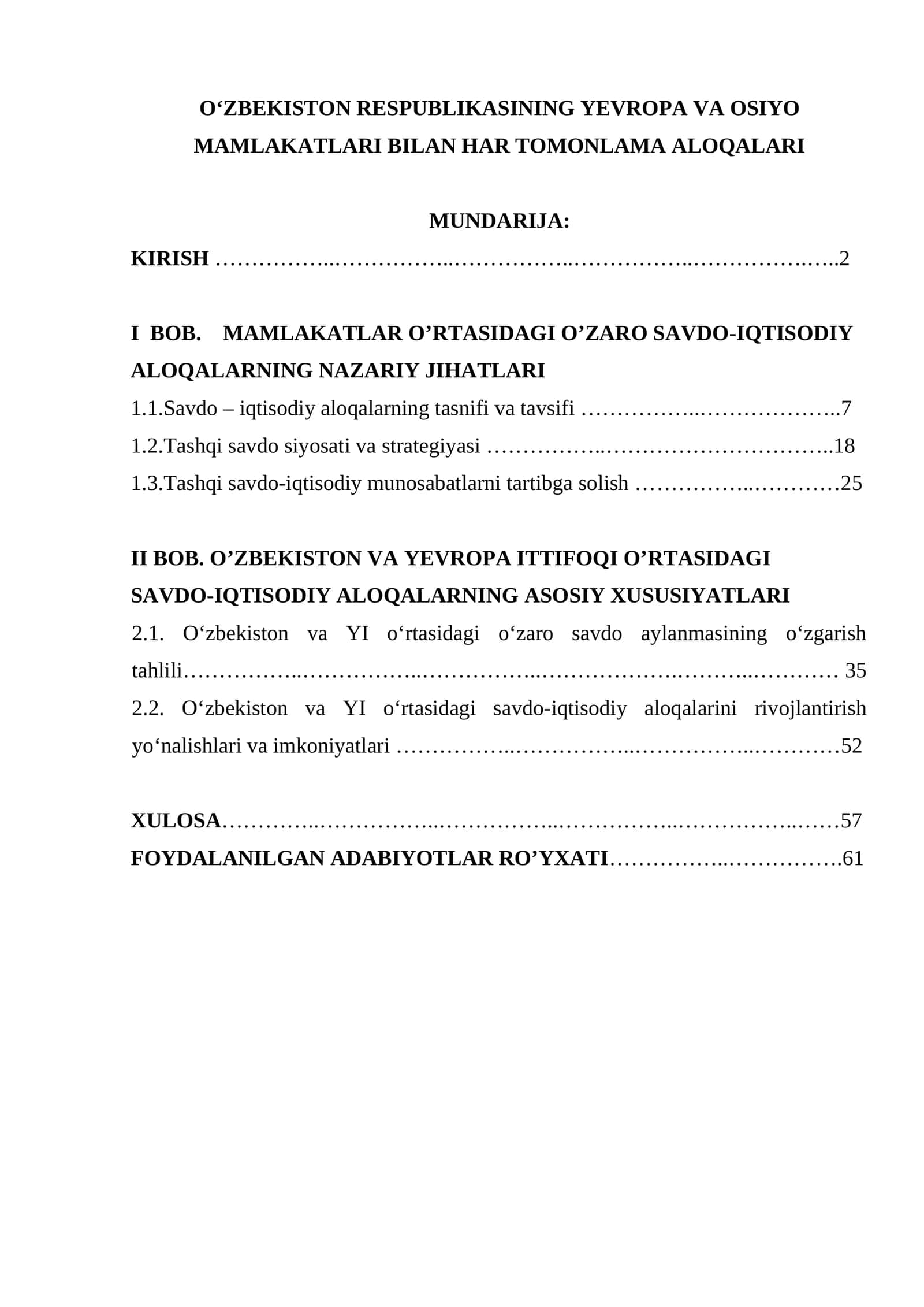 OʻZBEKISTON RESPUBLIKASINING YEVROPA VA OSIYO MAMLAKATLARI BILAN HAR TOMONLAMA ALOQALARI 1