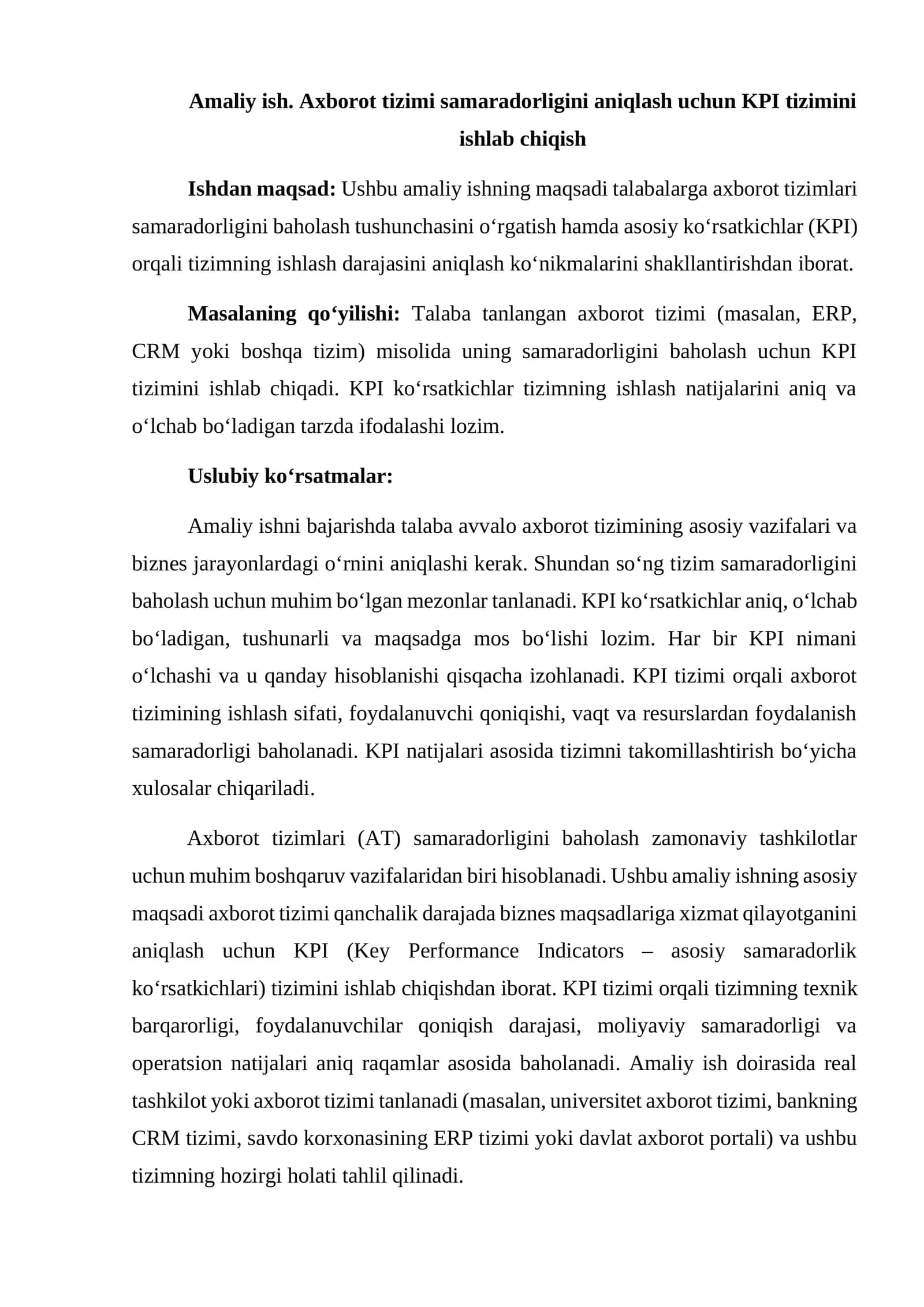 Amaliy ish. Axborot tizimi samaradorligini aniqlash uchun KPI tizimini ishlab chiqish 1