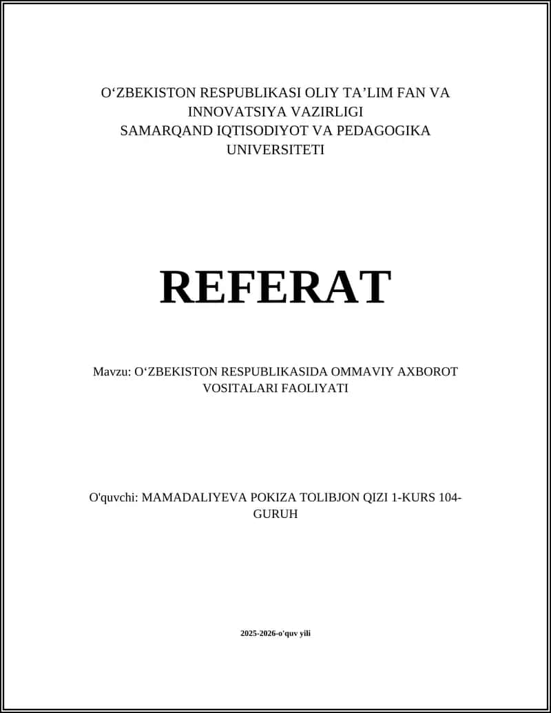 Oʻzbekiston Respublikasida Ommaviy Axborot Vositalari Faoliyati 1