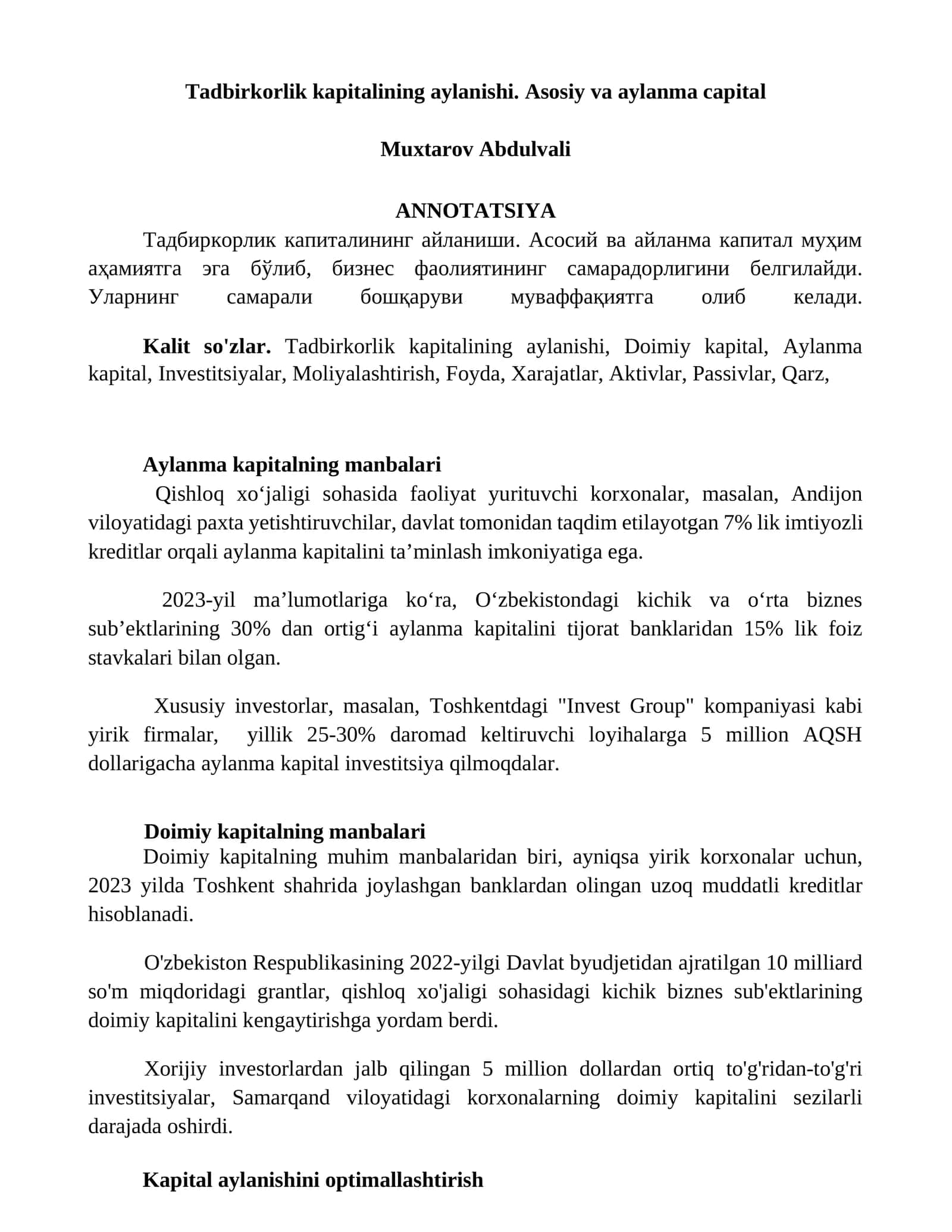 Tadbirkorlik kapitalining aylanishi. Asosiy va aylanma capital 1