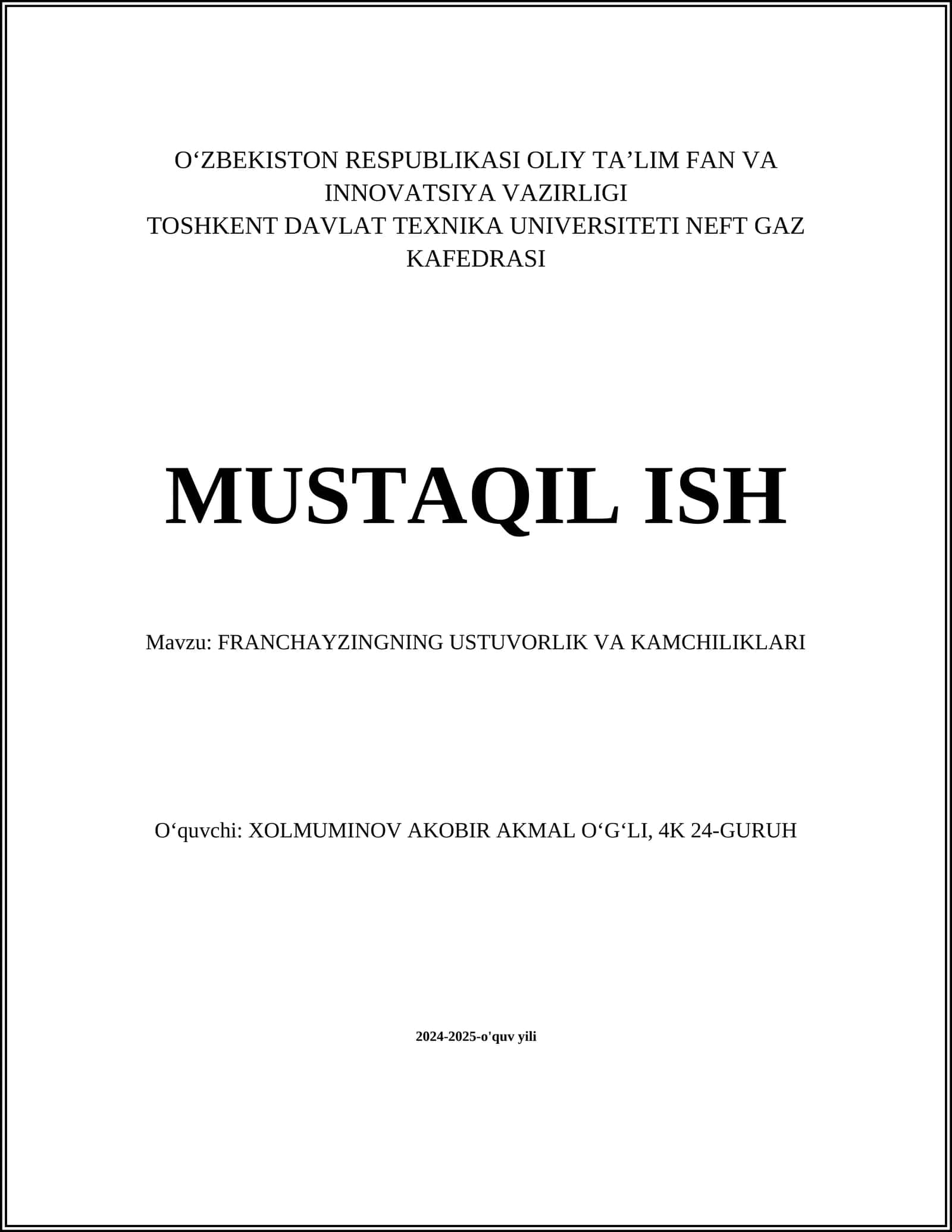 FRANCHAYZINGNING USTUVORLIK VA KAMCHILIKLARI 1