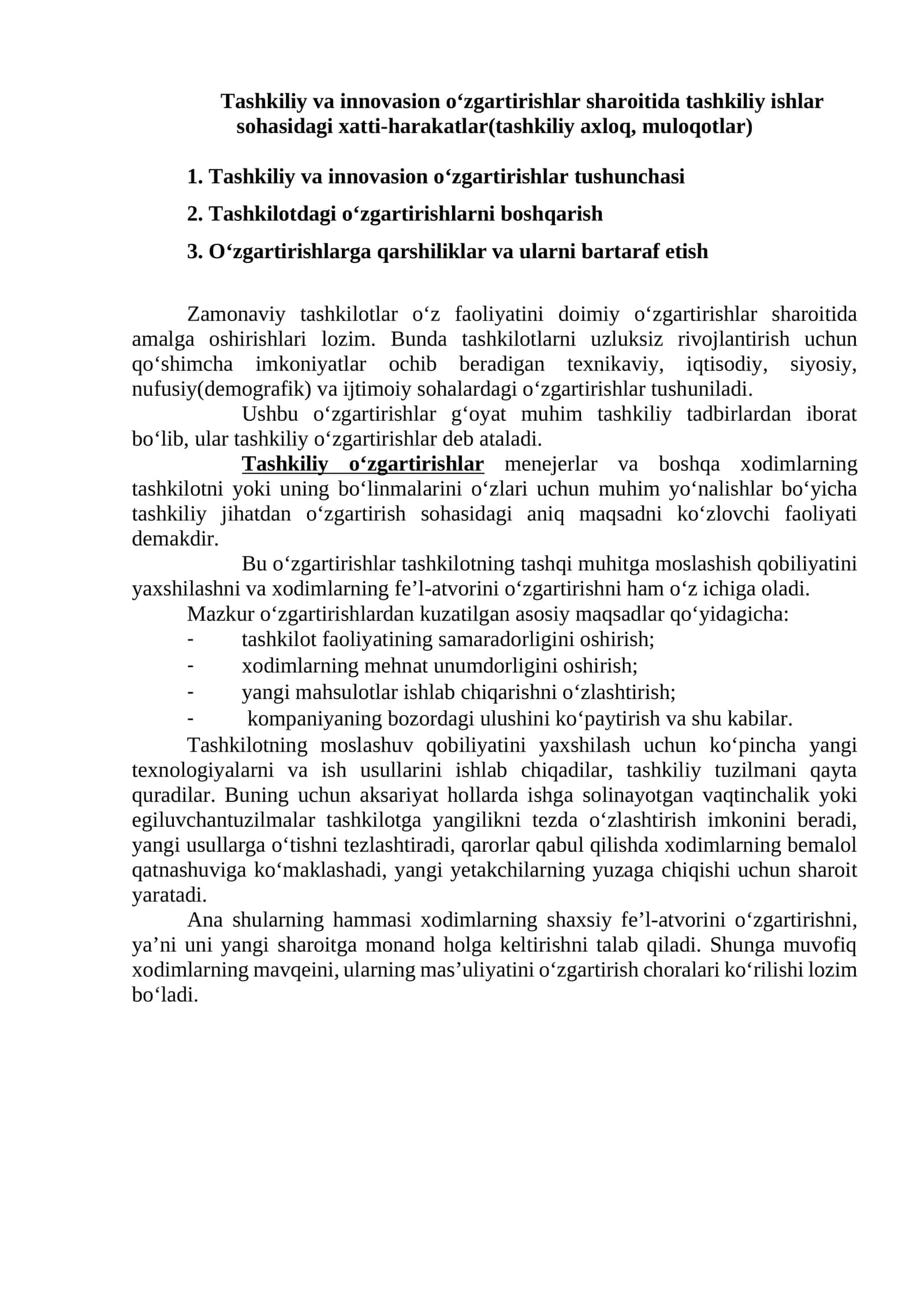 Tashkiliy va innovasion o‘zgartirishlar sohasidagi xatti-harakatlar 1