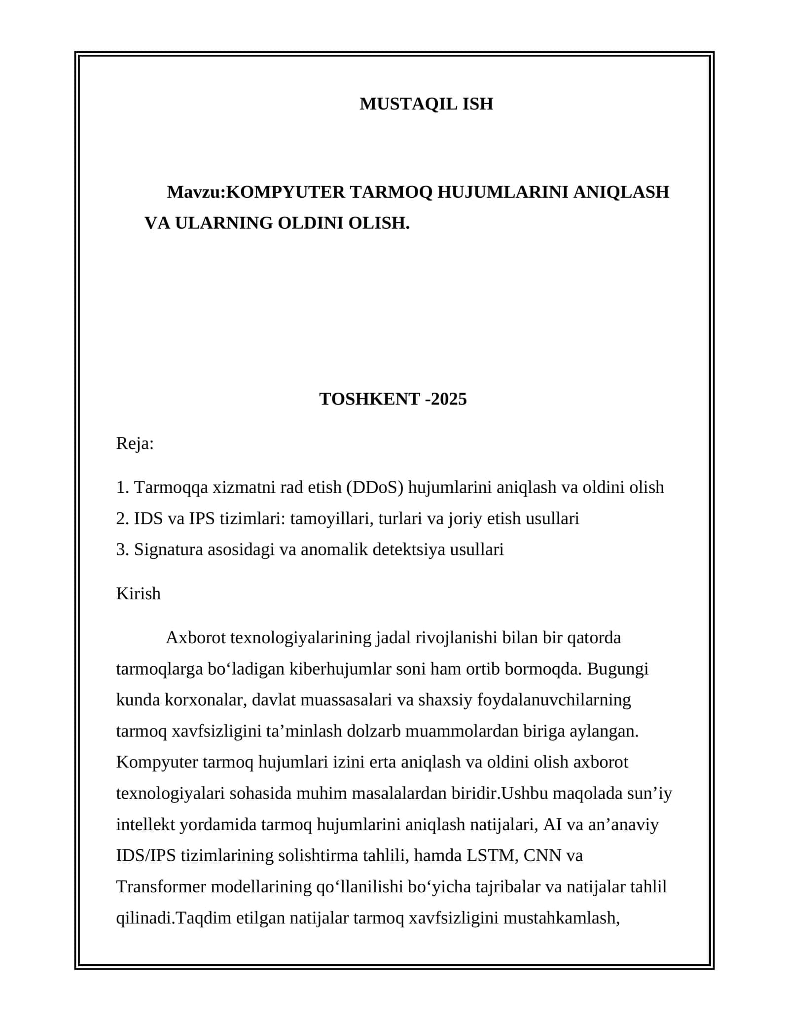 KOMPYUTER TARMOQ HUJUMLARINI ANIQLASH VA ULARNING OLDINI OLISH 1
