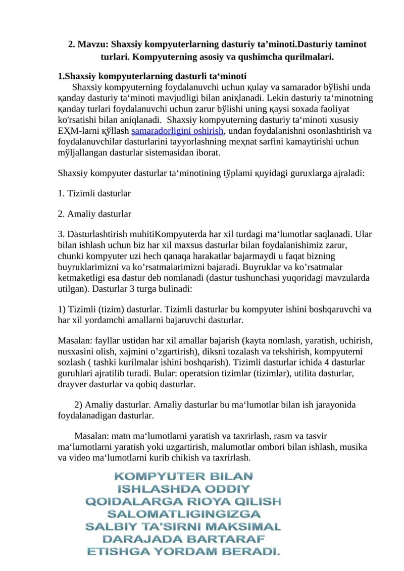 Shaxsiy kompyuterlarning dasturli ta‘minoti 1